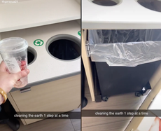 Man reveals how trash and recycled items go in the same bin at Subway restaurant