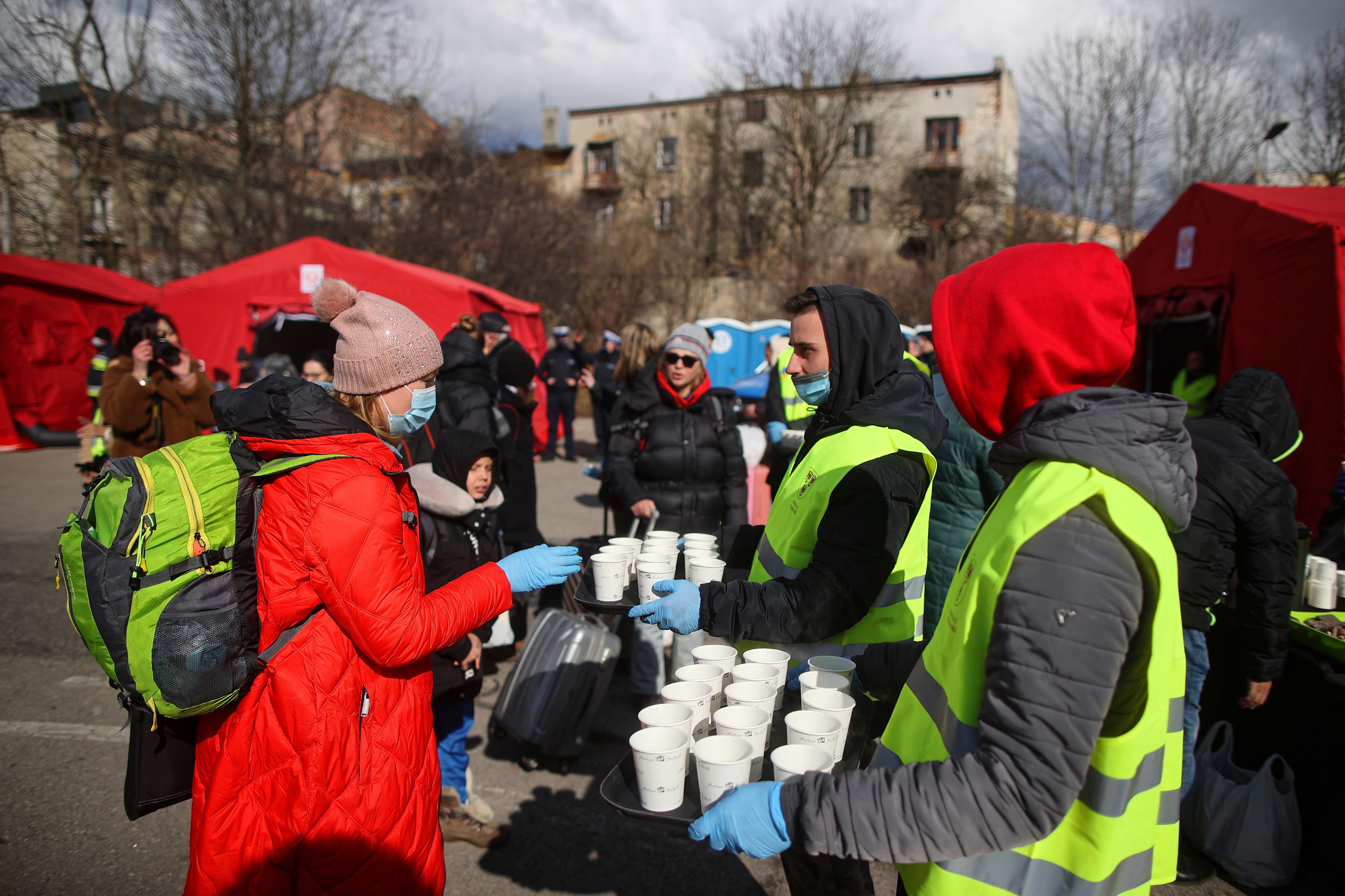 Ukrainians arriving on a humanitarian train from Lviv are seen in Olkusz, Poland, 28 February 2022