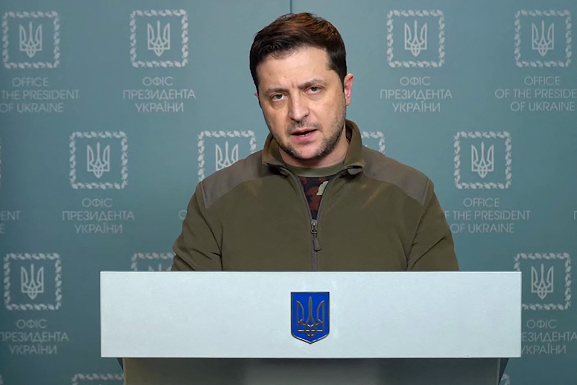 Ukrainian President Volodymyr Zelensky delivering an address