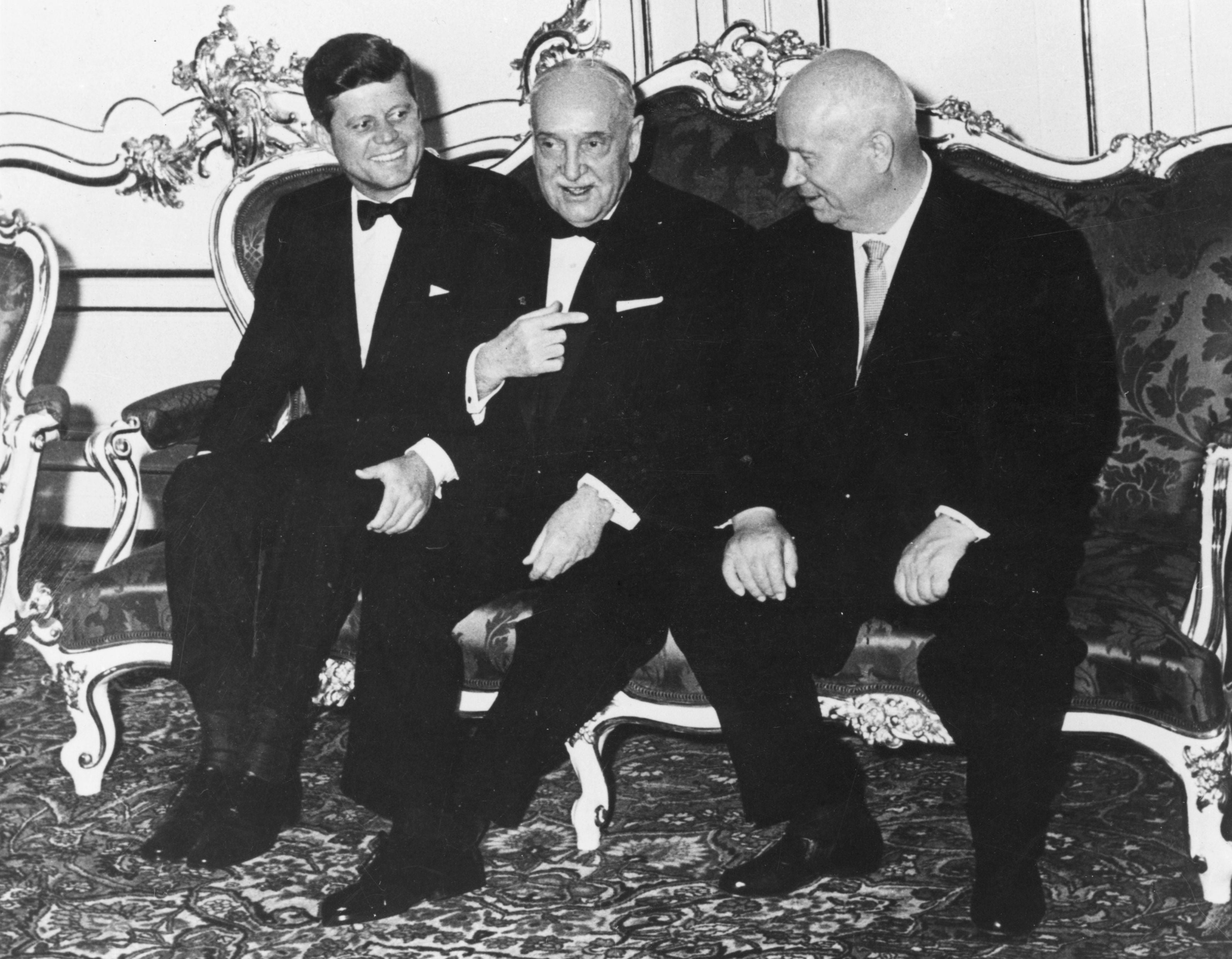 Nina Khrushcheva says John K Kennedy and Nikita Khrushchev, seated with Adolf Schärf of Austria (centre) in 1961, were both seized by the fear of nuclear destruction