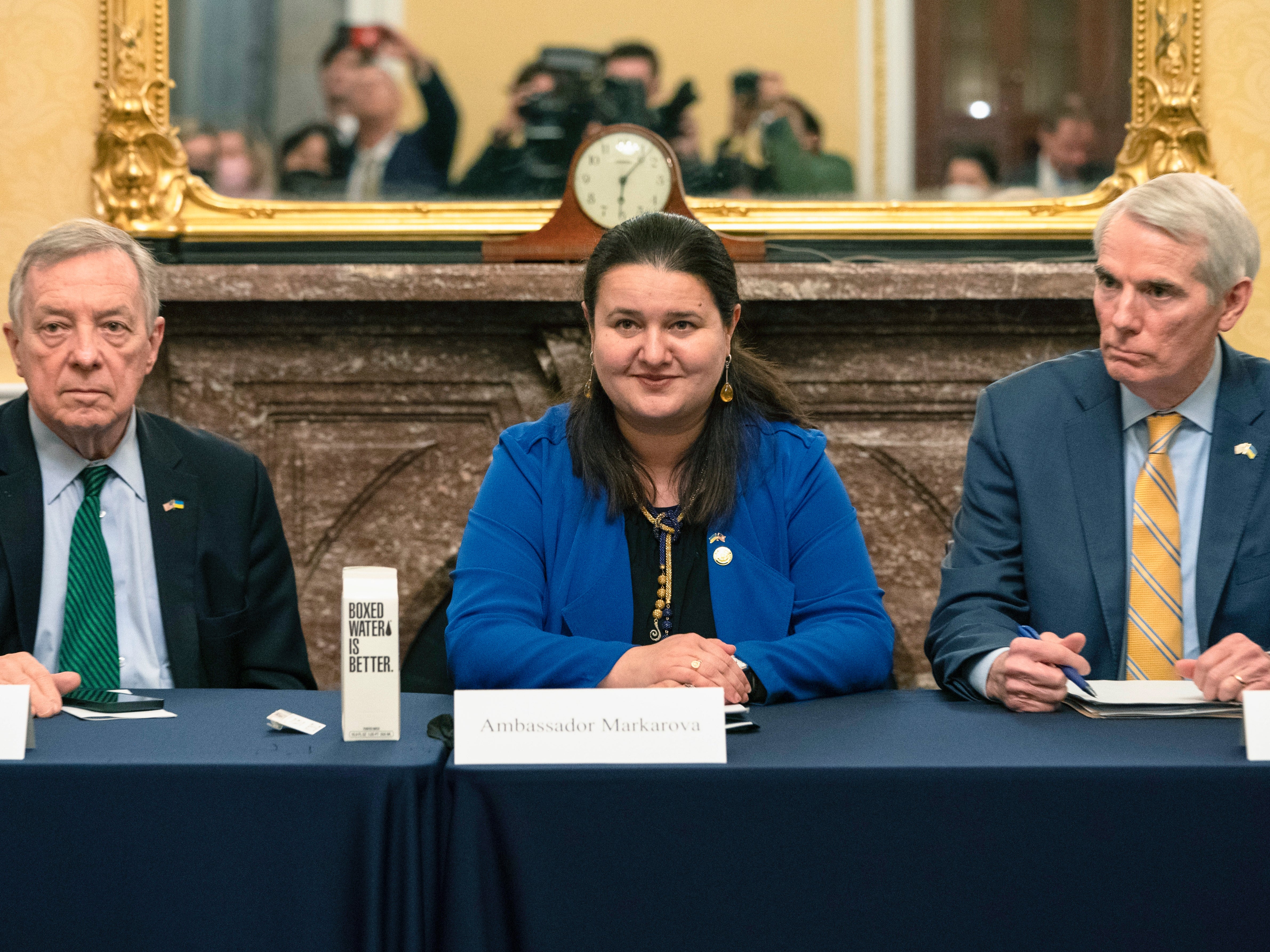 Oksana Markarova meets Senate Ukraine Caucus co-chairs Dick Durbin [L] and Rob Portman