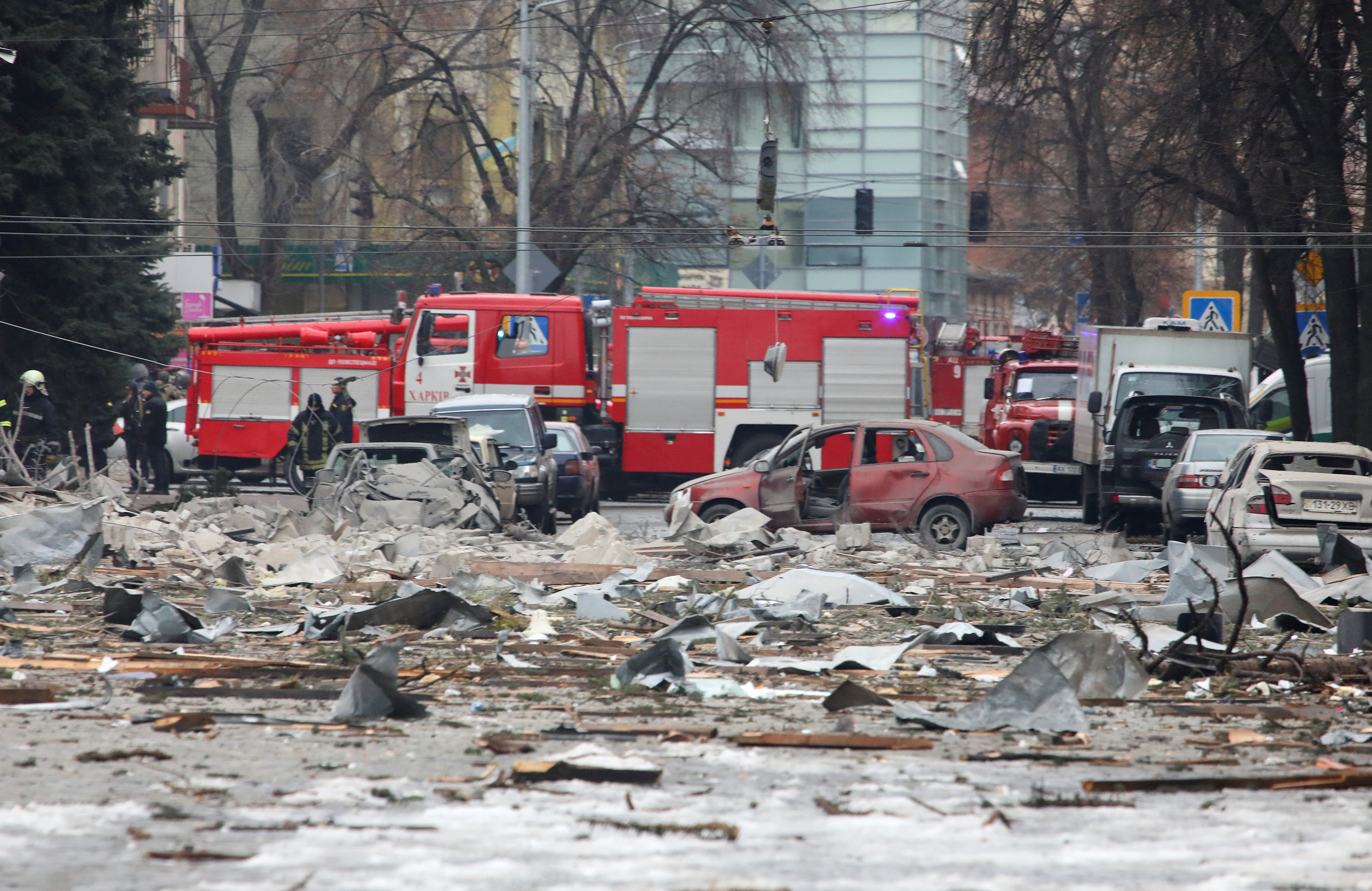 Aftermath of a missile blast in central Kharviv, Ukraine’s second largest city