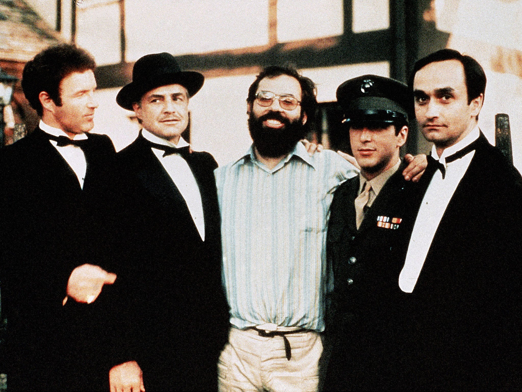 James Caan, Marlon Brando, Francis Ford Coppola, Al Pacino and John Cazale on the set of ‘The Godfather’