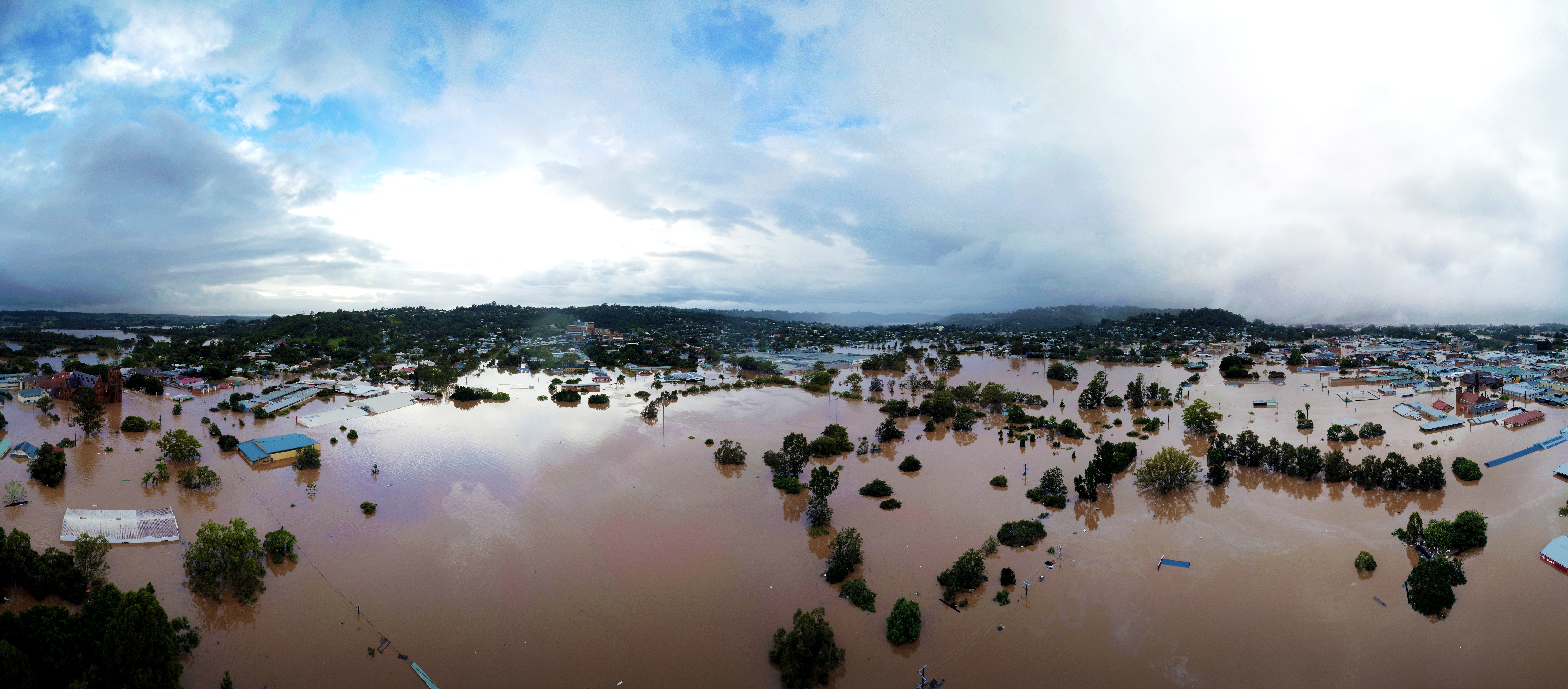 A digital panoramic composite of Lismore captured from the flood line at New Ballina Road on 28 February