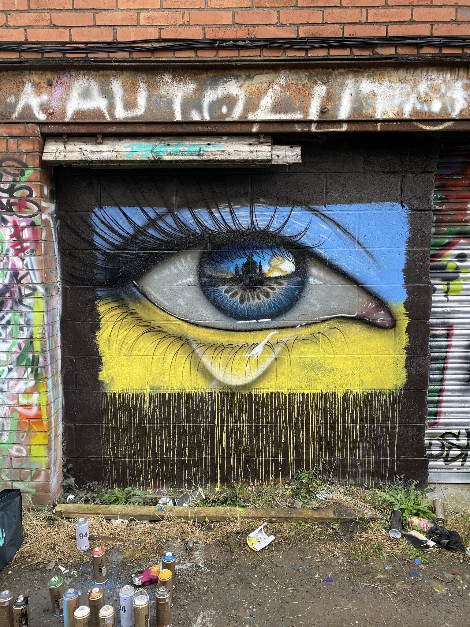 A mural in in Northcote Lane, Cardiff of a weeping eye in the colours of the Ukrainian flag by street artist MyDogSighs (MyDogSighs/PA)