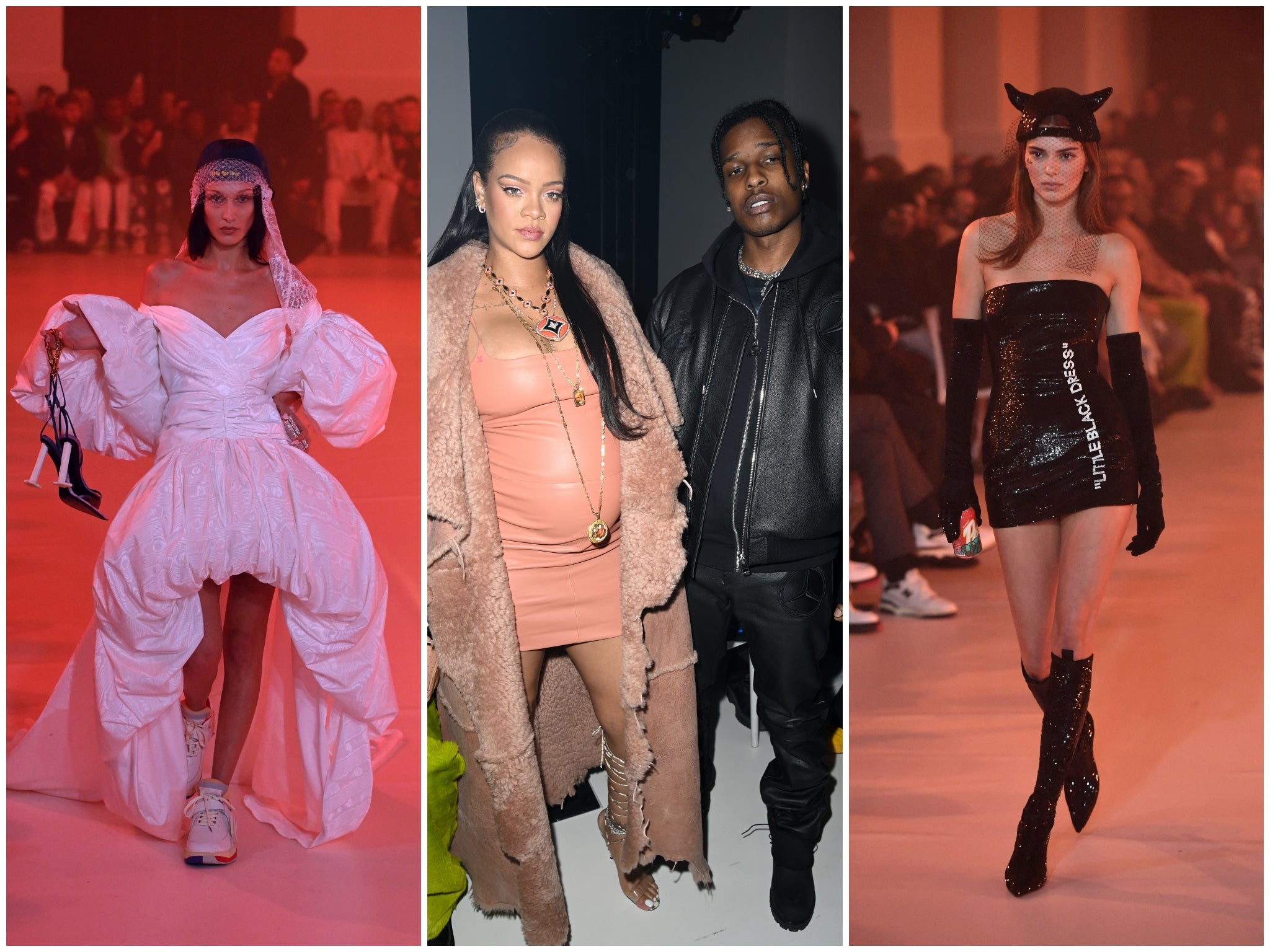 Bella Hadid and Kendall Jenner were among the models at the Off-White show (left and right), while Rihanna and boyfriend A$AP Rocky were front row guests (centre)