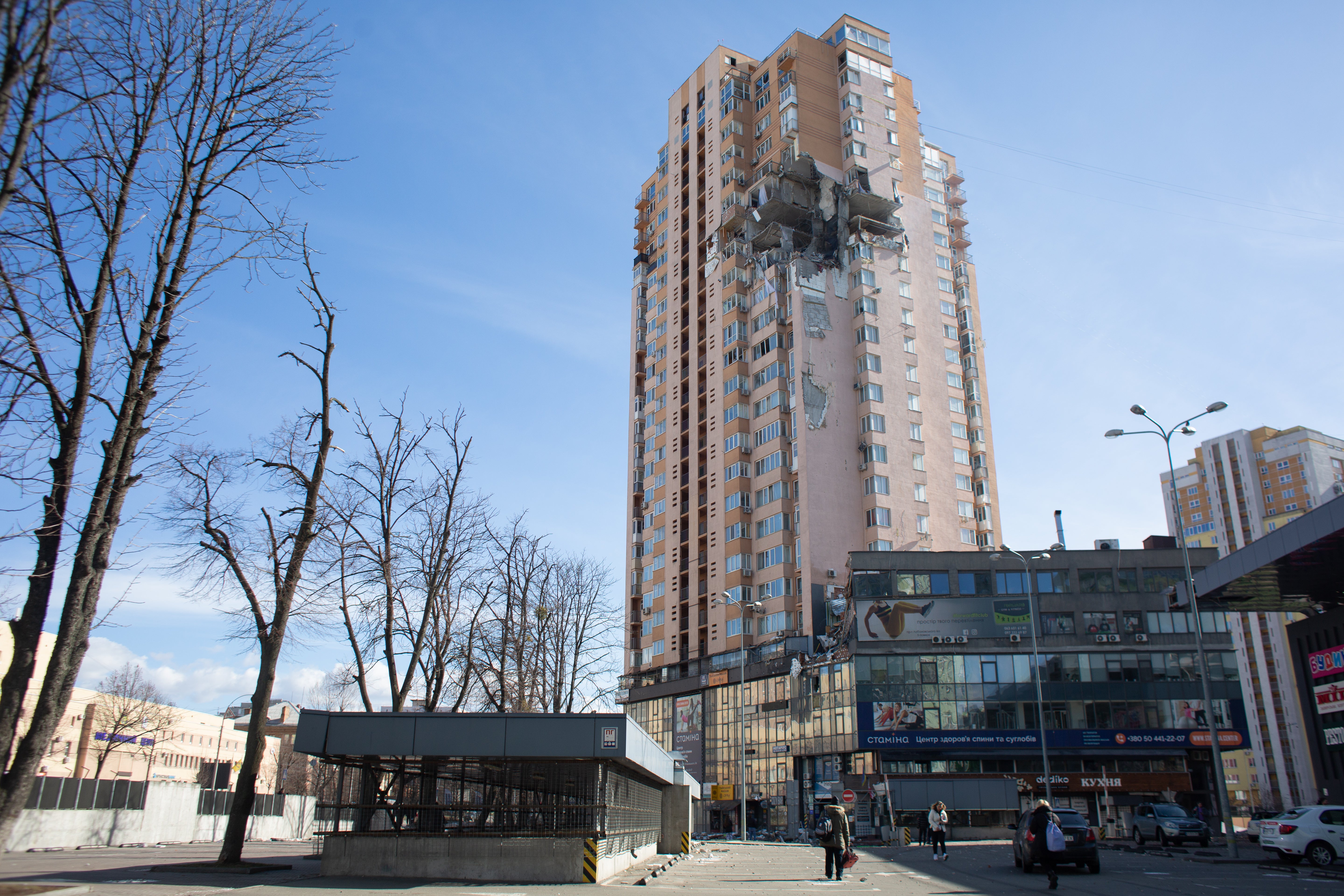 A view to the apartment block in 6A Lobanovsky Avenue in Kyiv which was hit with a missile