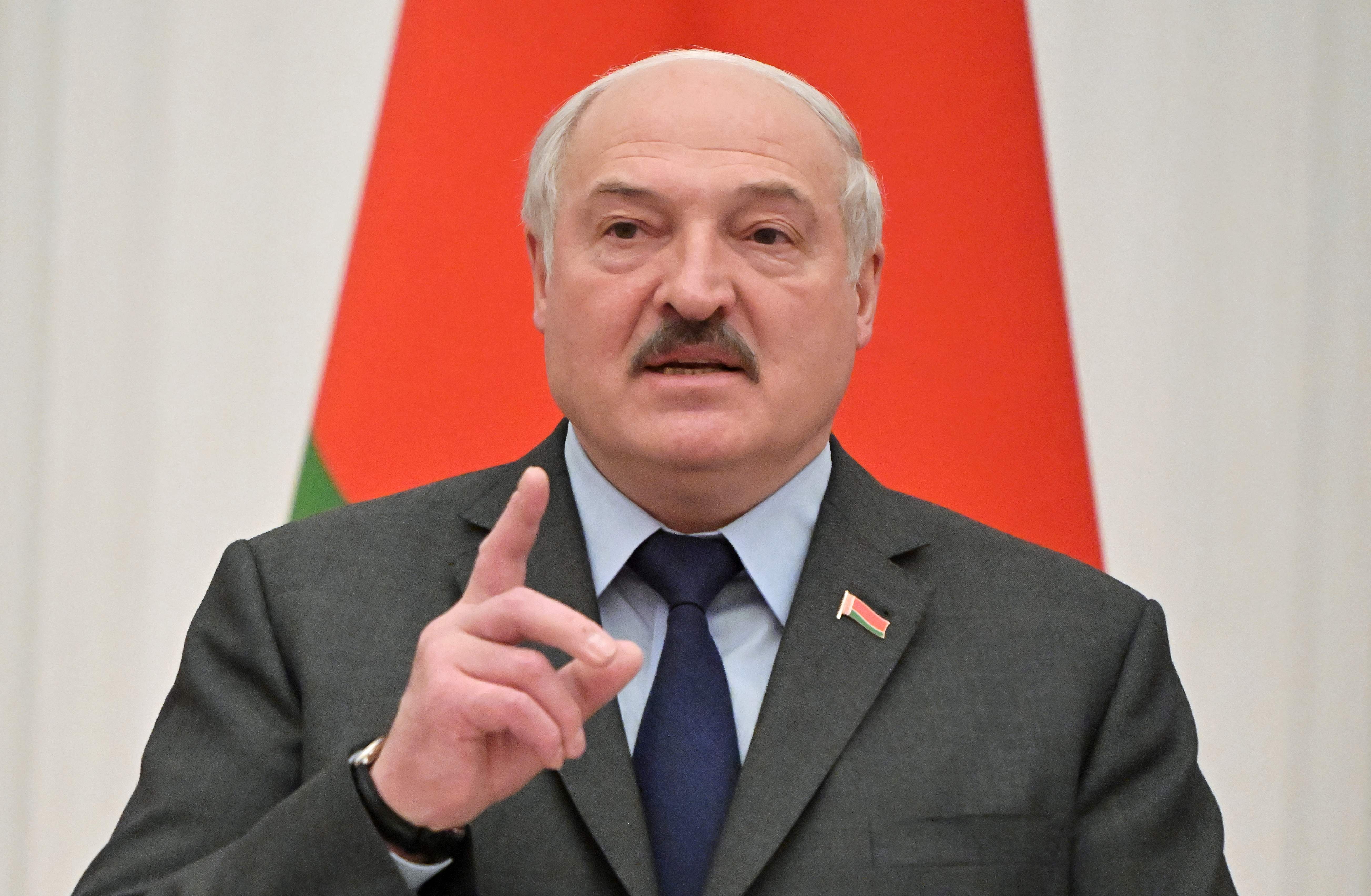 File photo: Belarus president Alexander Lukashenko speaks at the Kremlin, Moscow, 18 February 2022