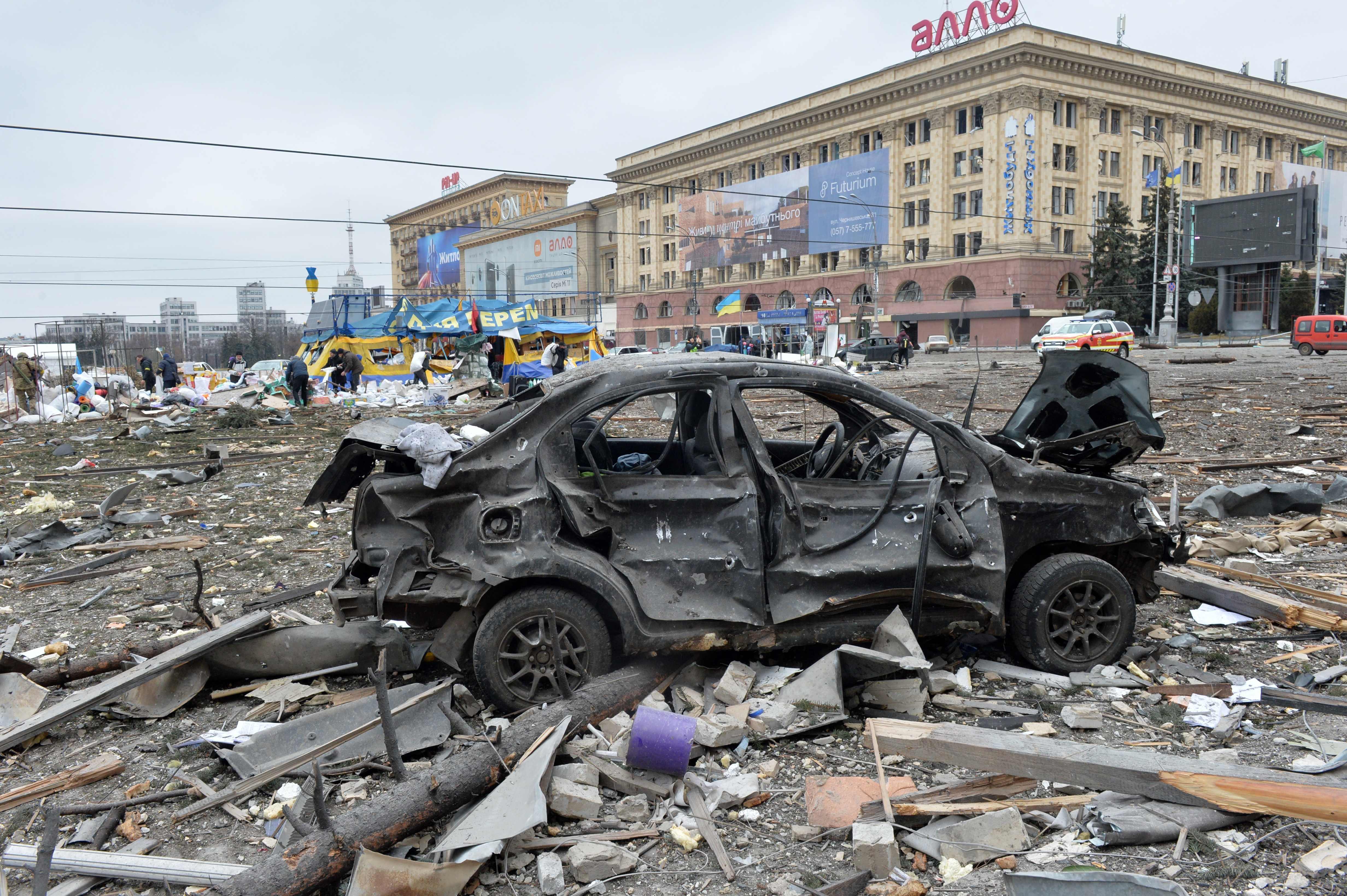 A view of the square outside the damaged local city hall of Kharkiv