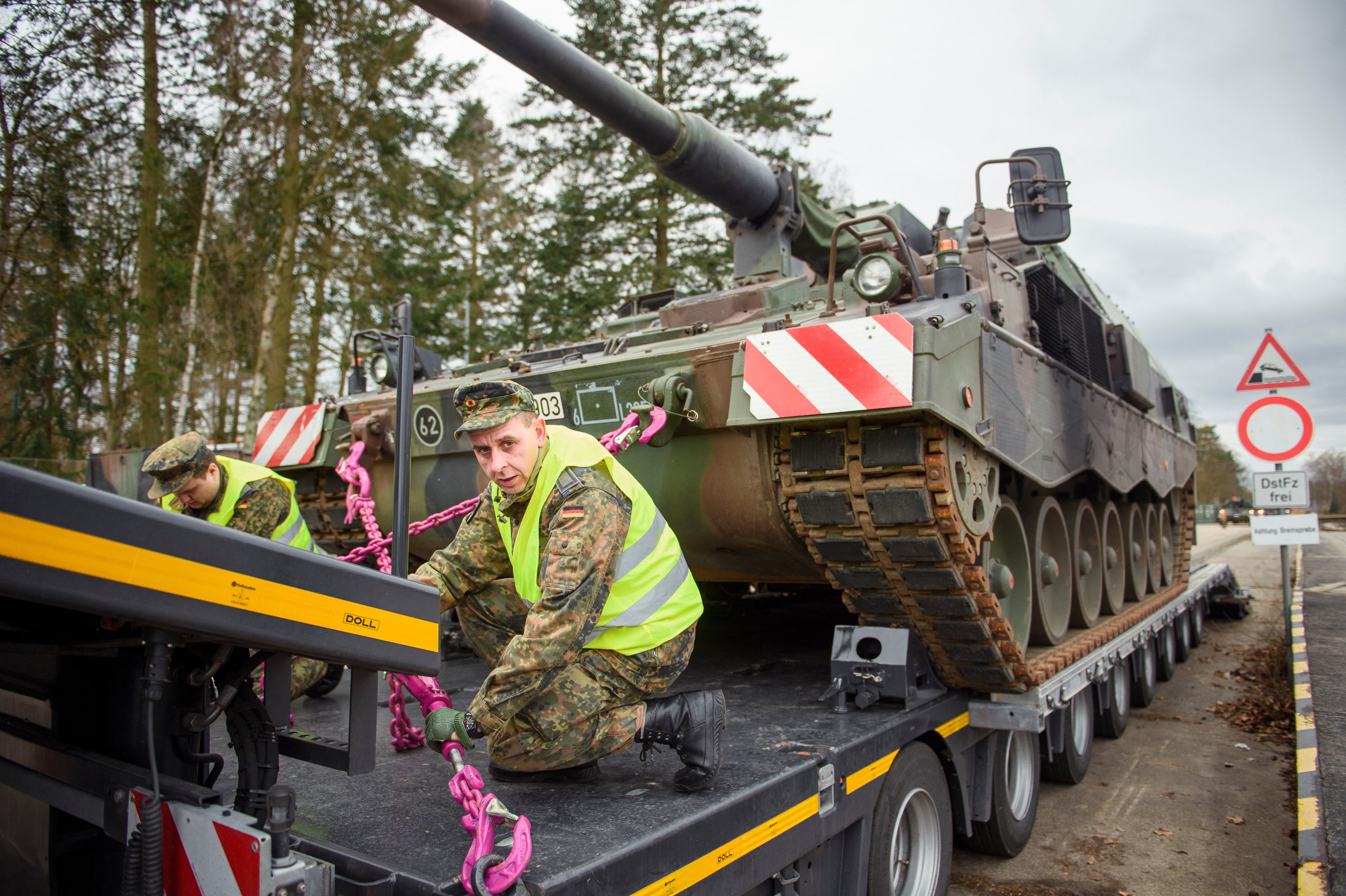 Tanks of the German armed forces Bundeswehr are prepared in the Hindenburg barracks in Munster, Germany