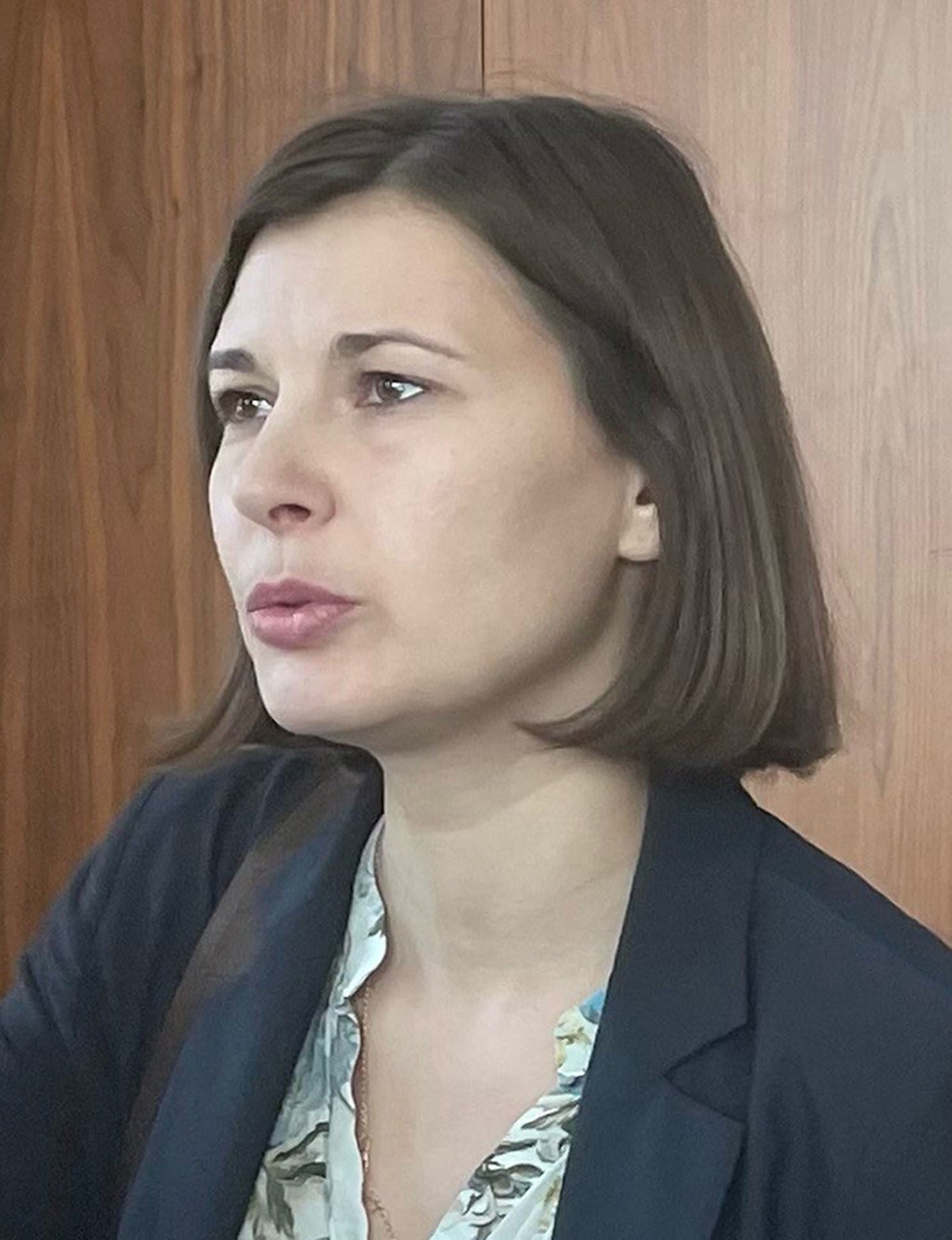 Ukrainian anti-corruption group direcotr Daria Kaleniuk who asked a question during a press conference by Prime Minister Boris Johnson at the British Embassy in Warsaw