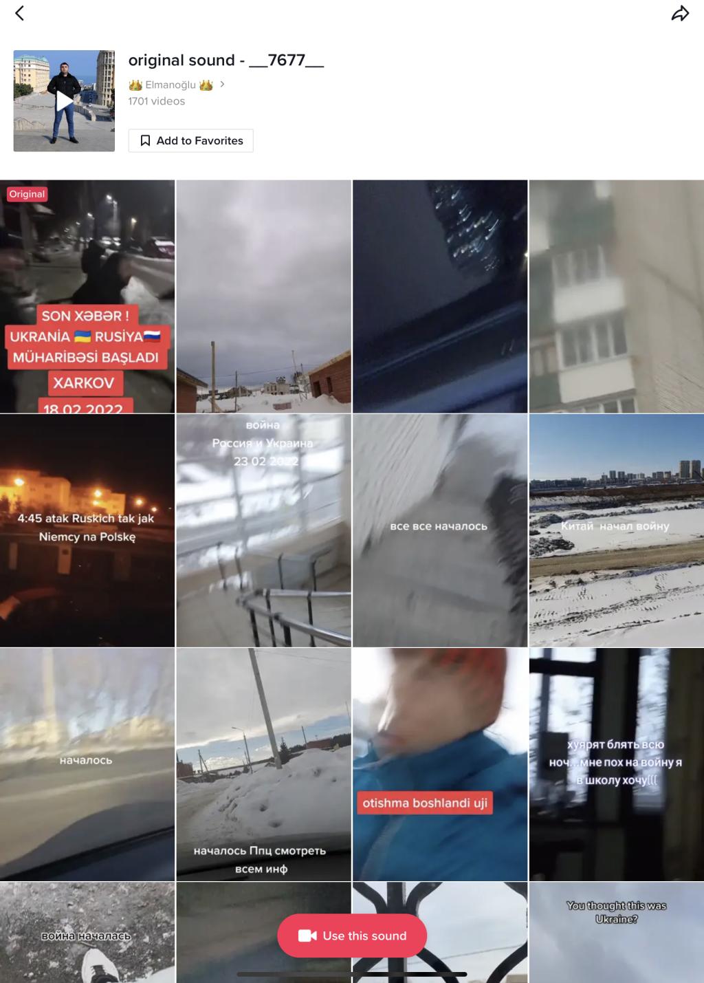 A collage of TikTok videos, supposedly from Ukraine, all using the same audio clip