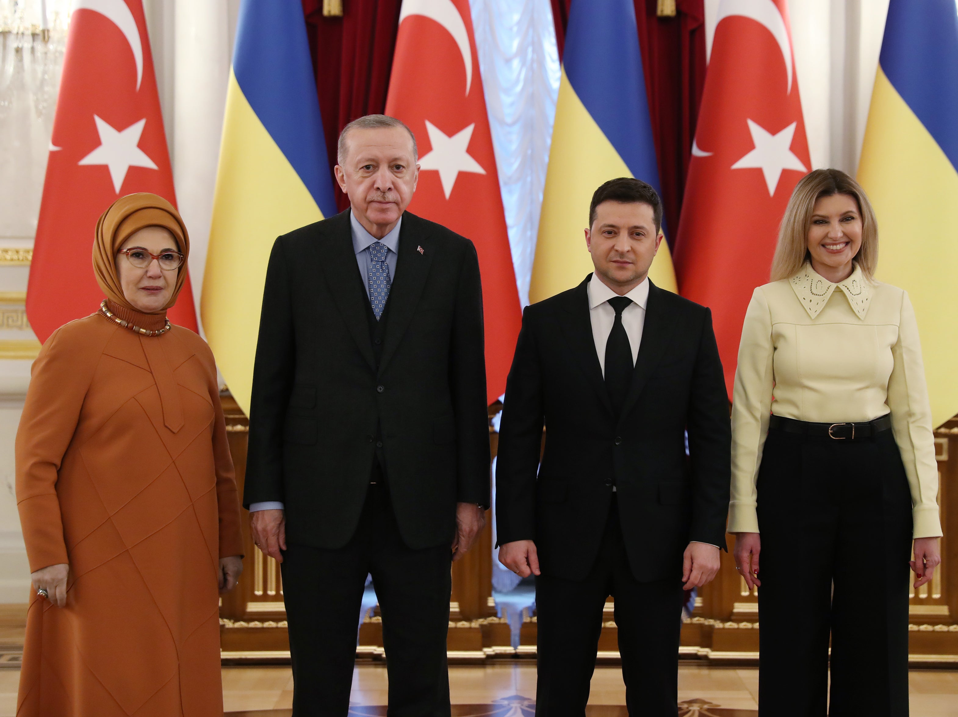 The couple (both right) alongside the president of Turkey Recep Tayyip Erdogan and his wife Emine Erdogan in Kyiv in early February