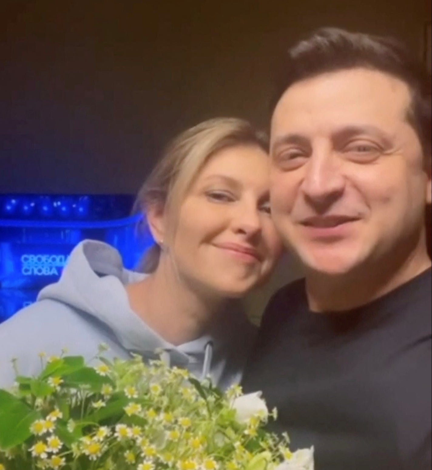 Ukraine’s president Volodymyr Zelensky speaks while embracing his wife Olena Zelenska as they record a Valentine’s Day message just two weeks ago