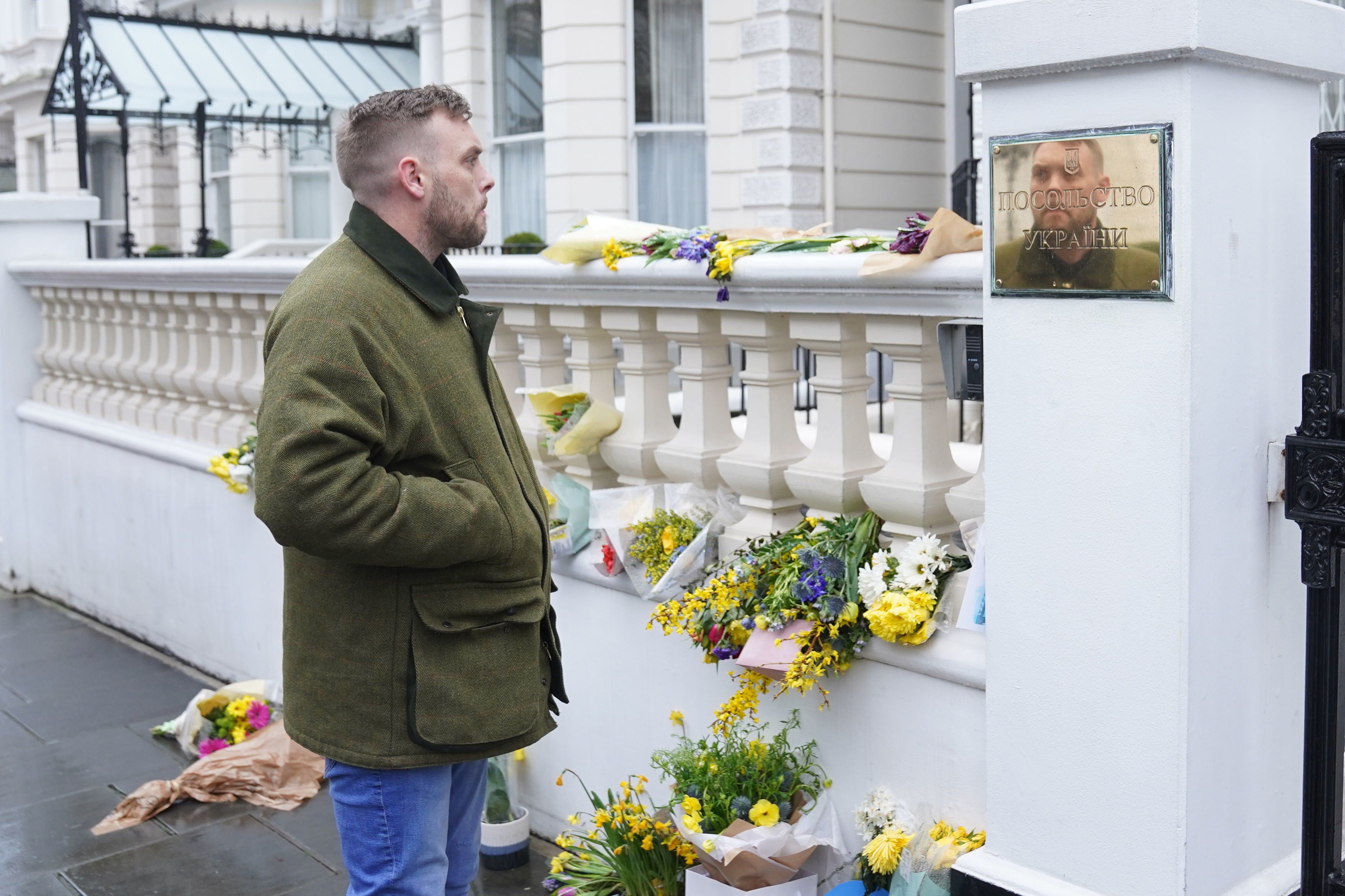 Liam Hawkins arrives to sign up to join the Ukrainian armed forces at the Ukrainian Embassy in west London