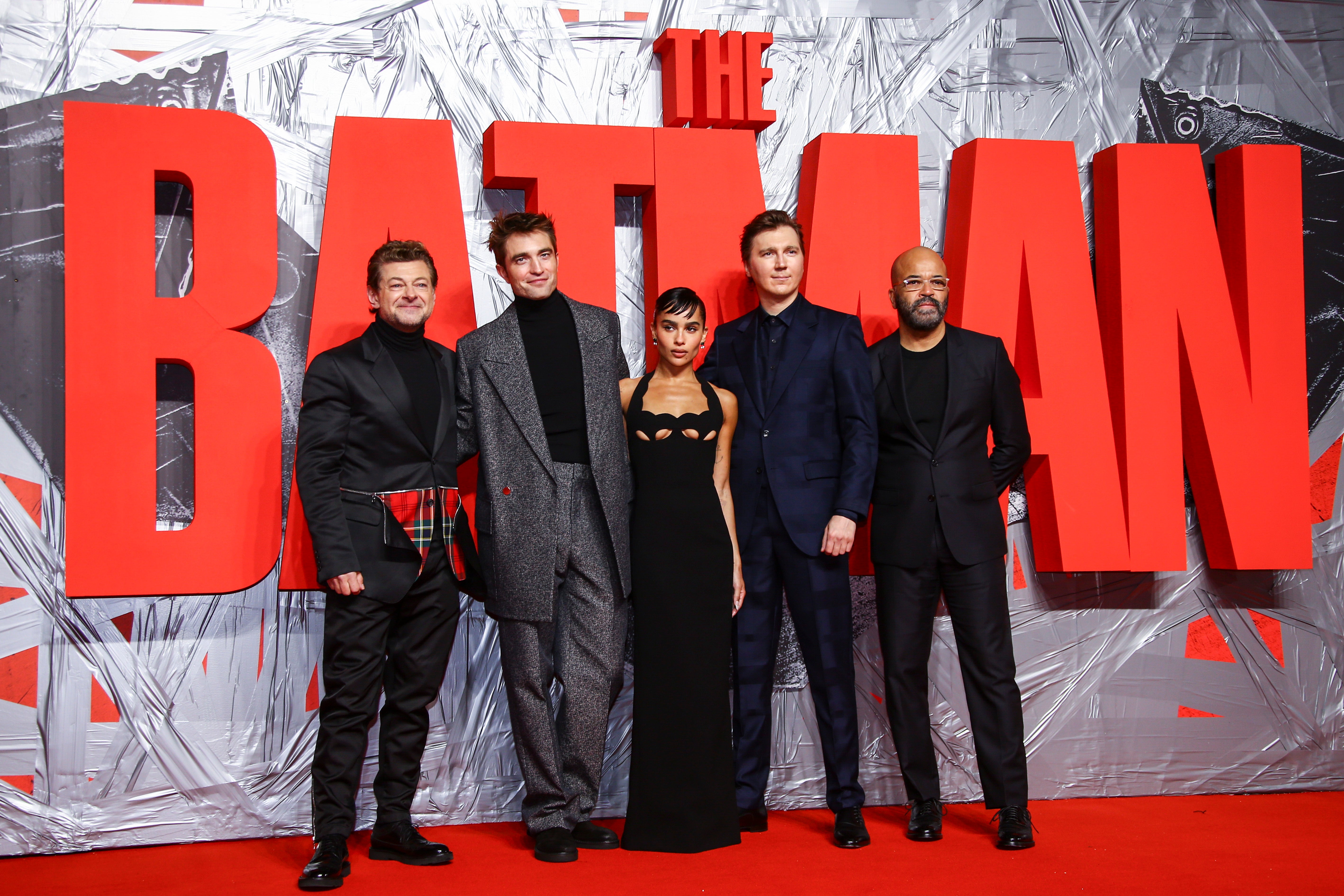 Andy Serkis, Robert Pattinson, Zoe Kravitz, Paul Dano and Jeffrey Wright on the red carpet for ‘The Batman’ premiere