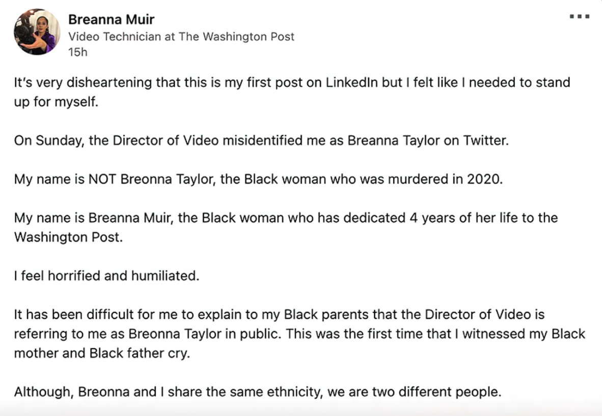 Breanna Muir said she was ‘horrified and humiliated’ after being confused with Breonna Taylor by the Washington Post’s director of photography