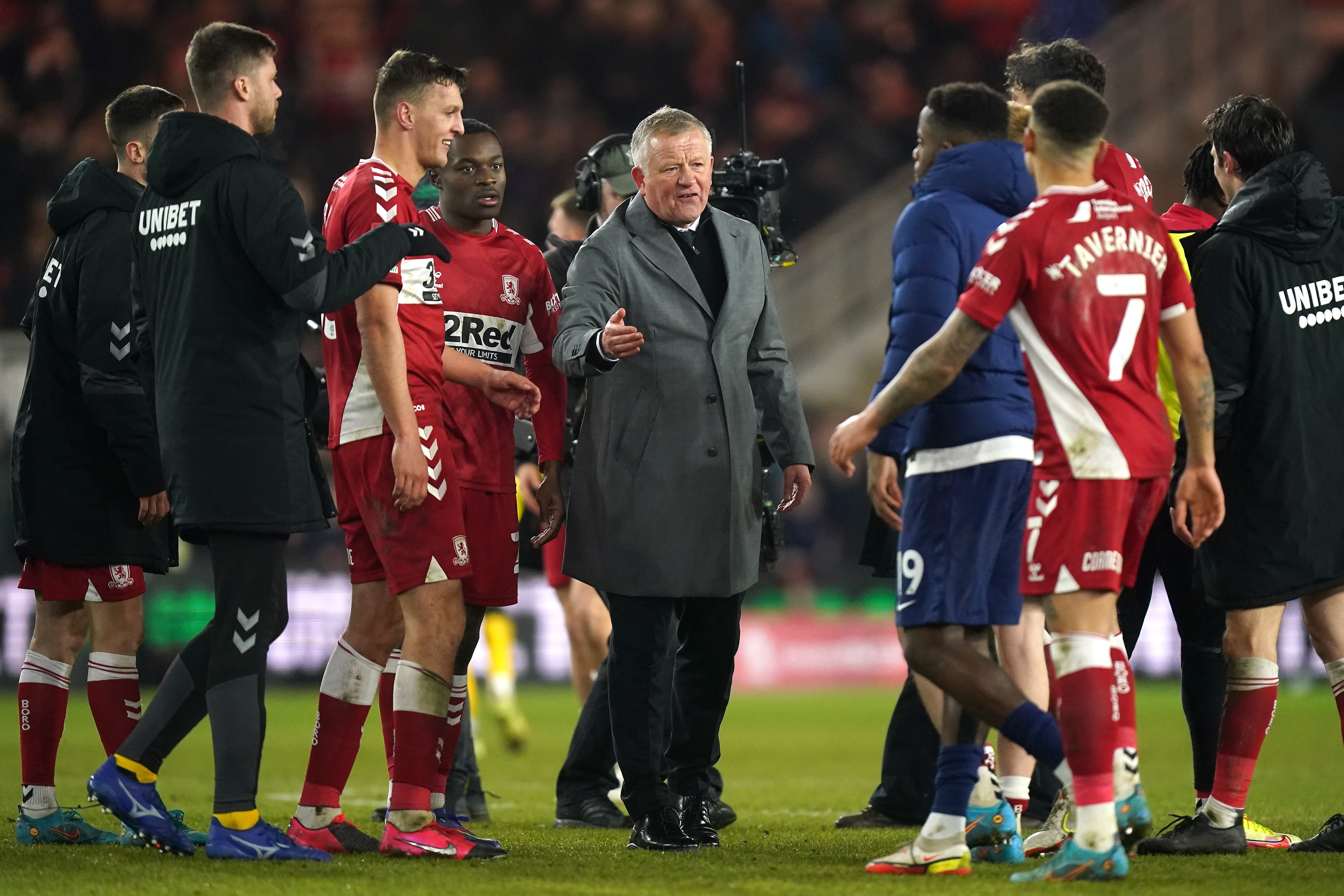 Chris Wilder, centre, celebrates the win with his players (Mike Egerton/PA)