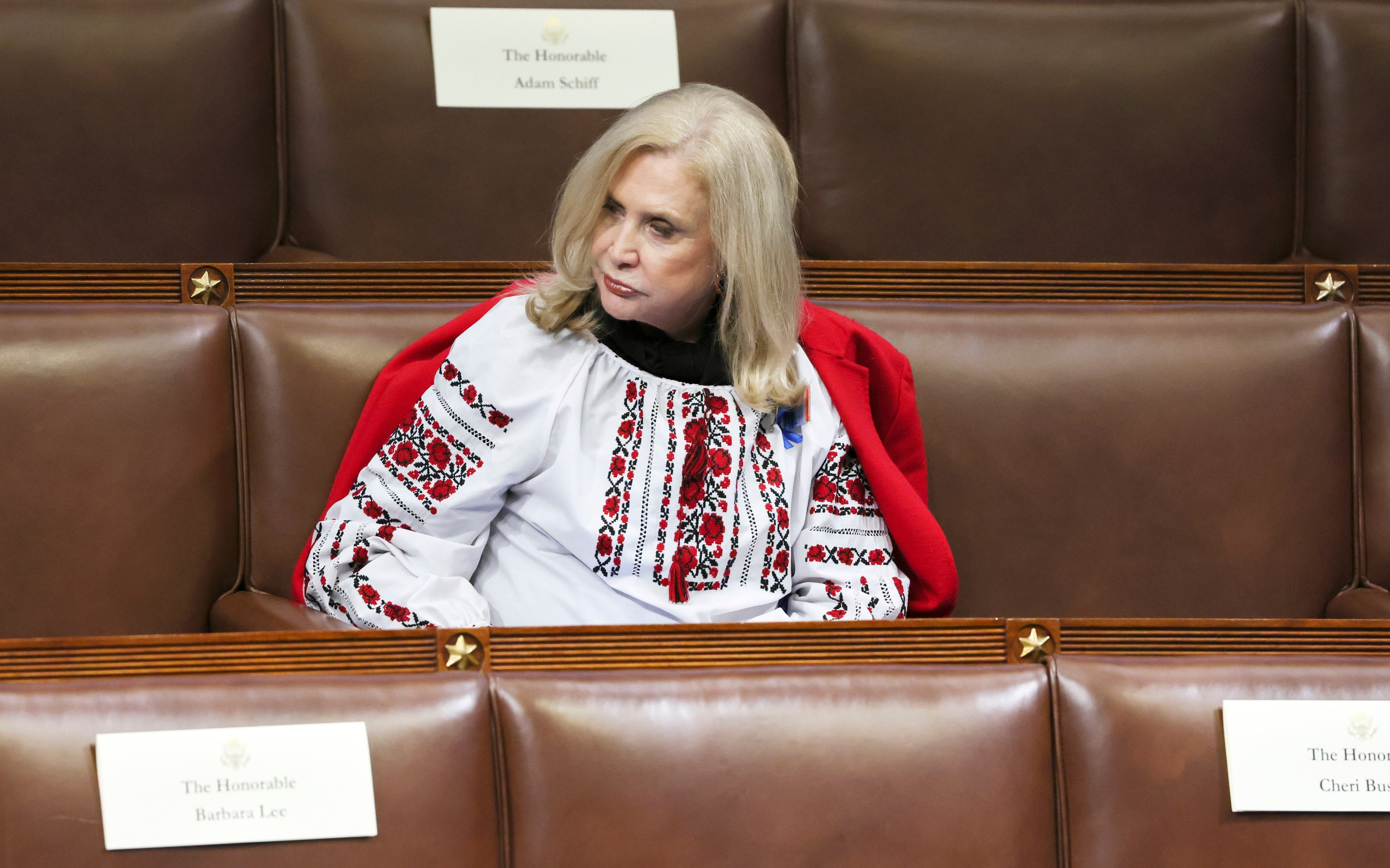 Rep. Carolyn Maloney, D-N.Y., wears an embroidered shirt in honor of Ukraine