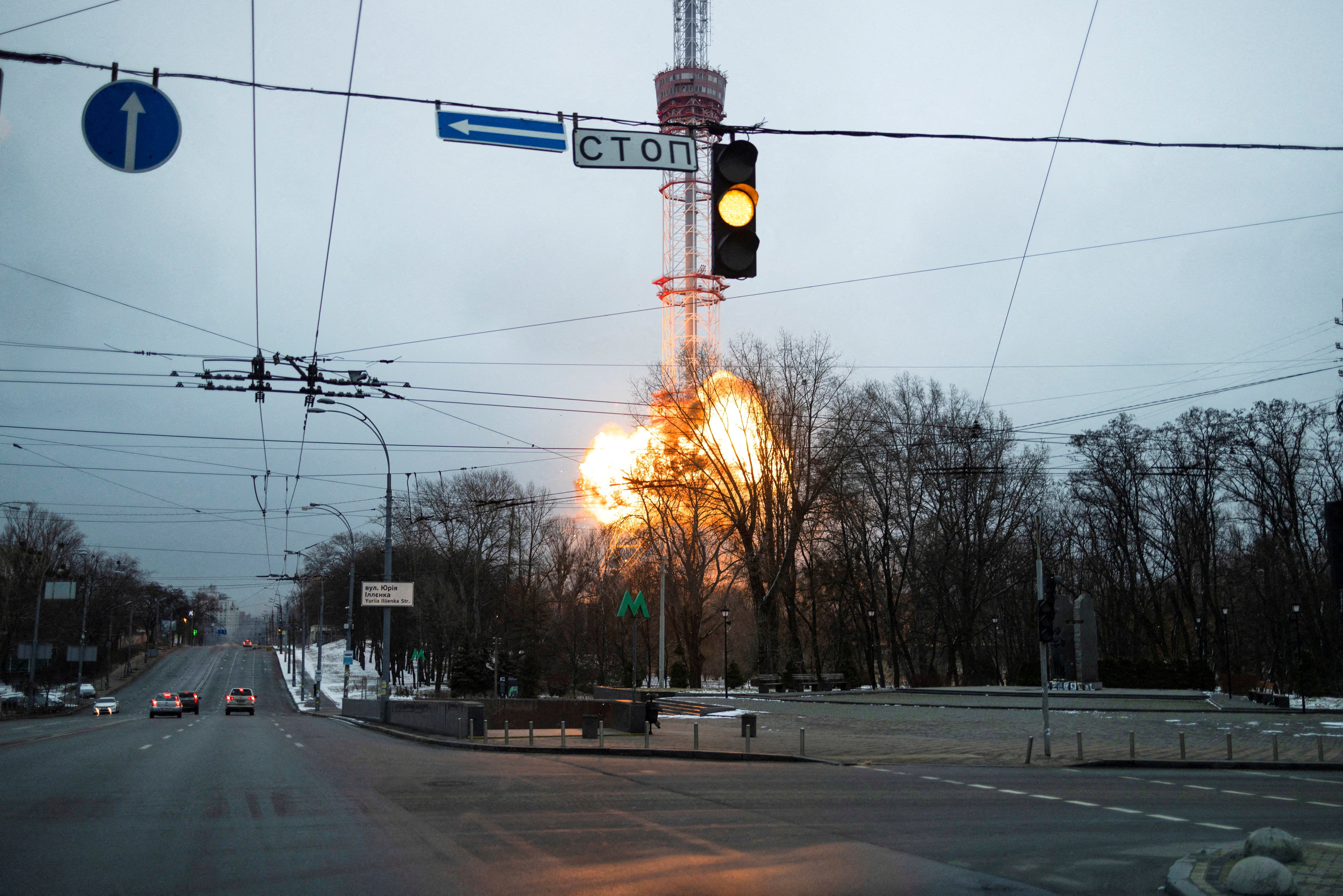 The Kyiv TV tower hit by a projectile