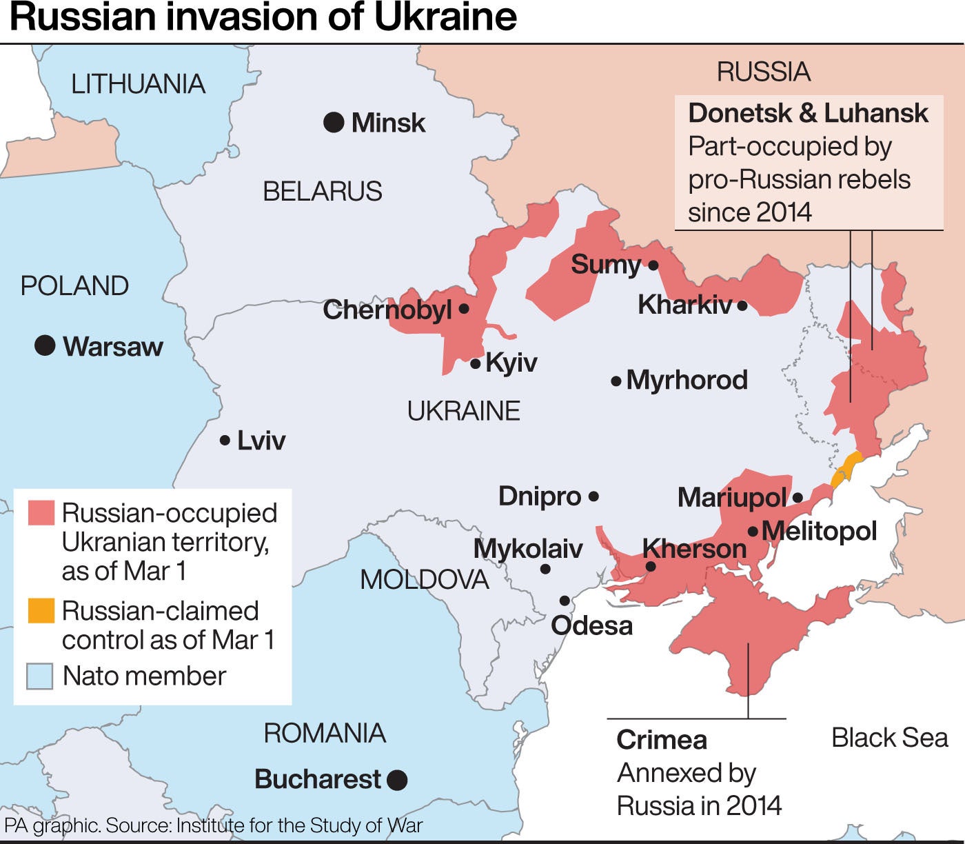 This map shows the extent of Russia’s invasion of Ukraine as of 1 March