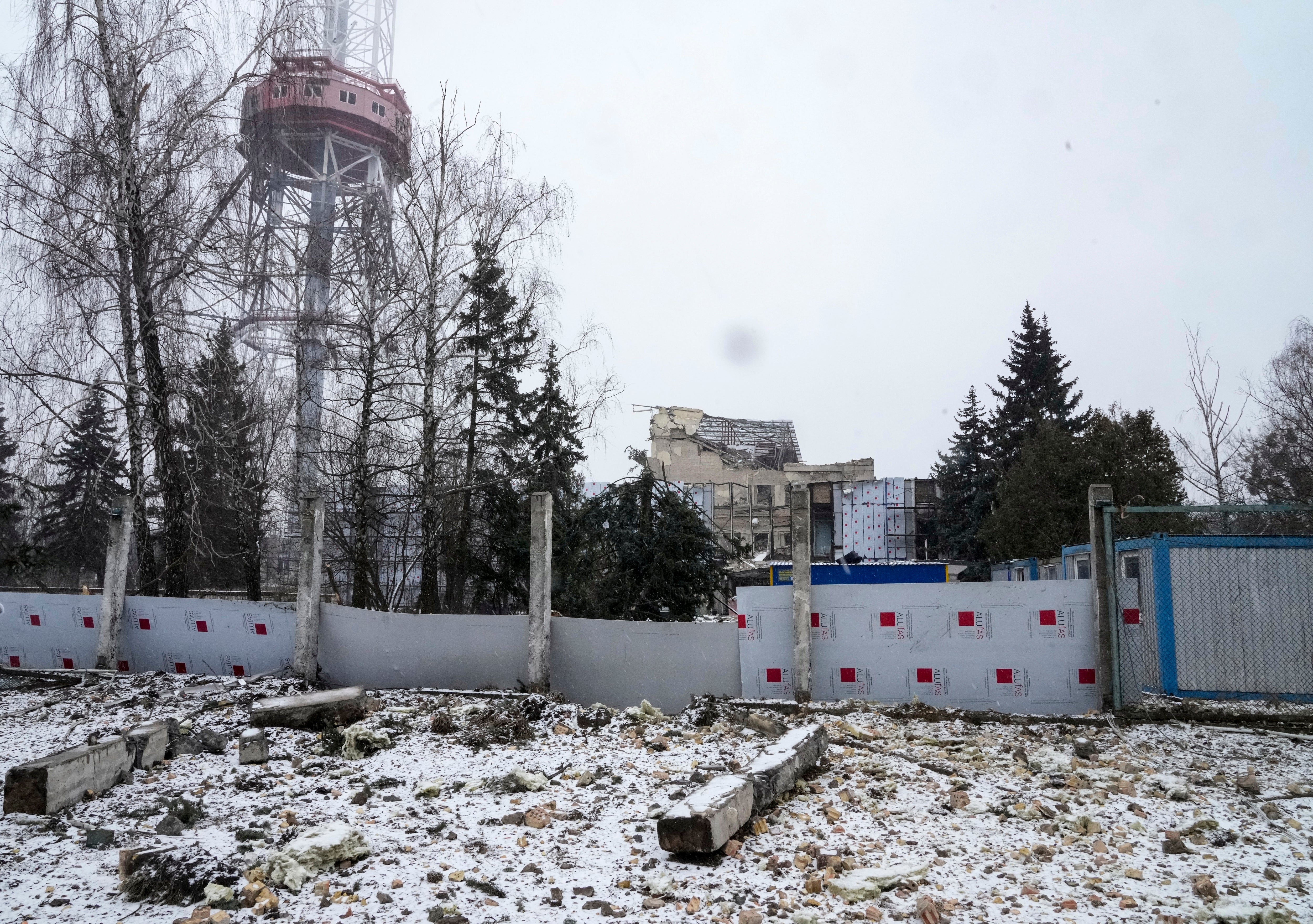 A view of the TV tower and surrounding area, after bombing in Kyiv, Ukraine (AP)