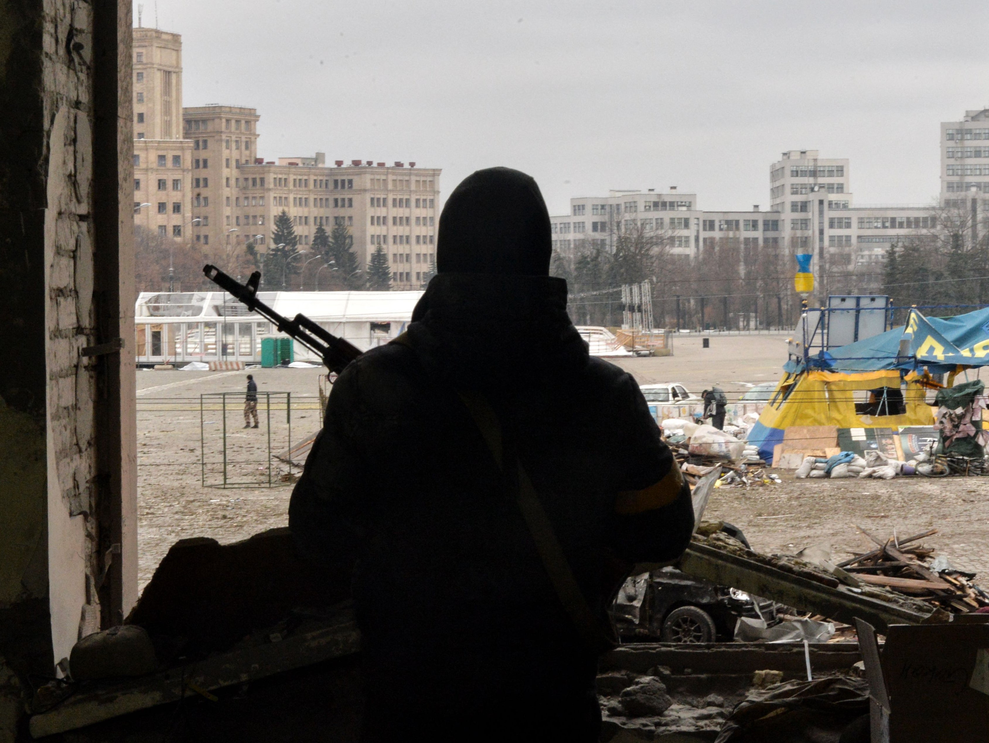 The square outside the damaged city hall of Kharkiv