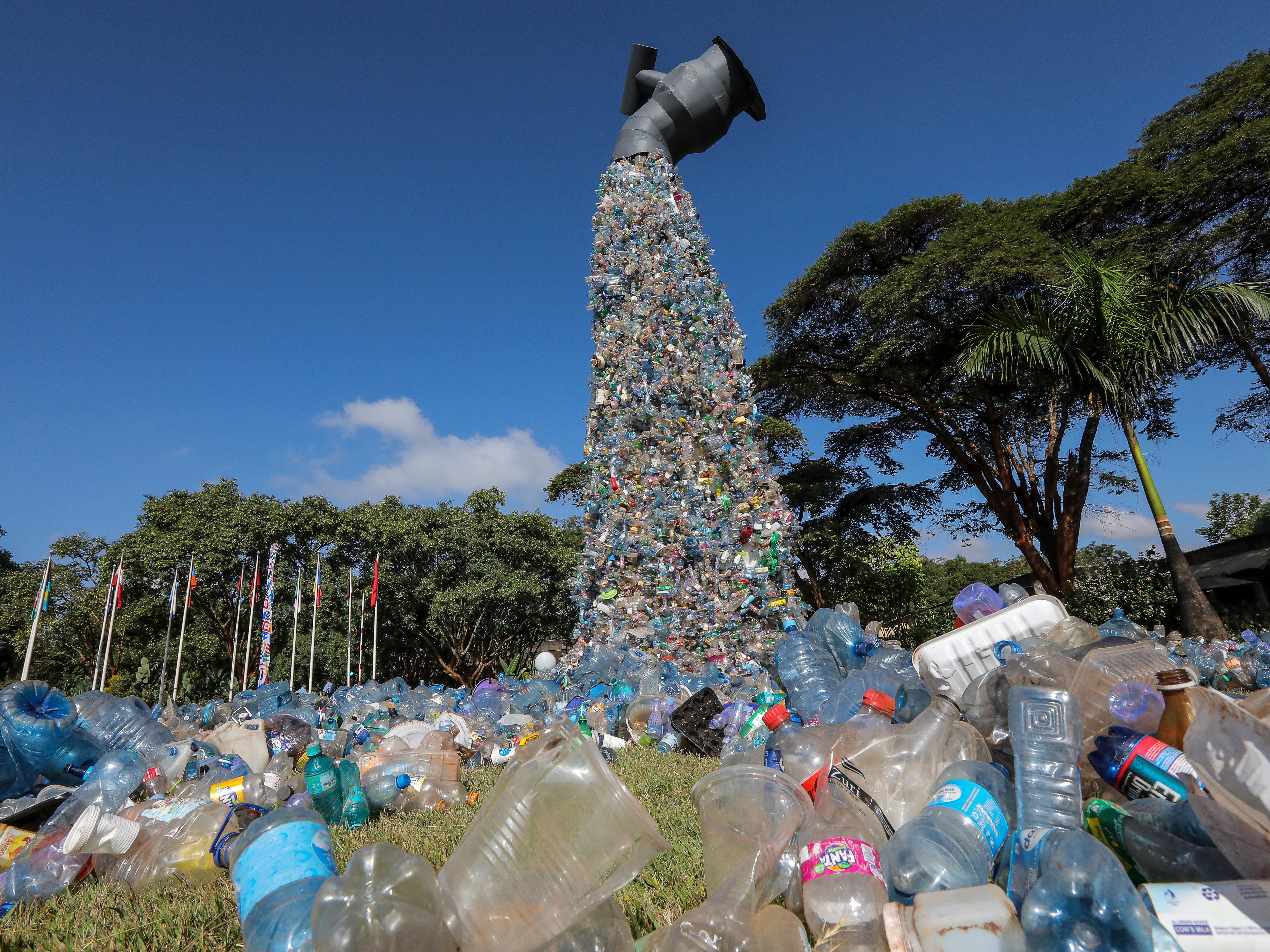 A giant sculpture made of waste plastics by Canadian activist and artist Benjamin von Wong at the UN Environment Programme (UNEP) Headquarters in Nairobi, Kenya