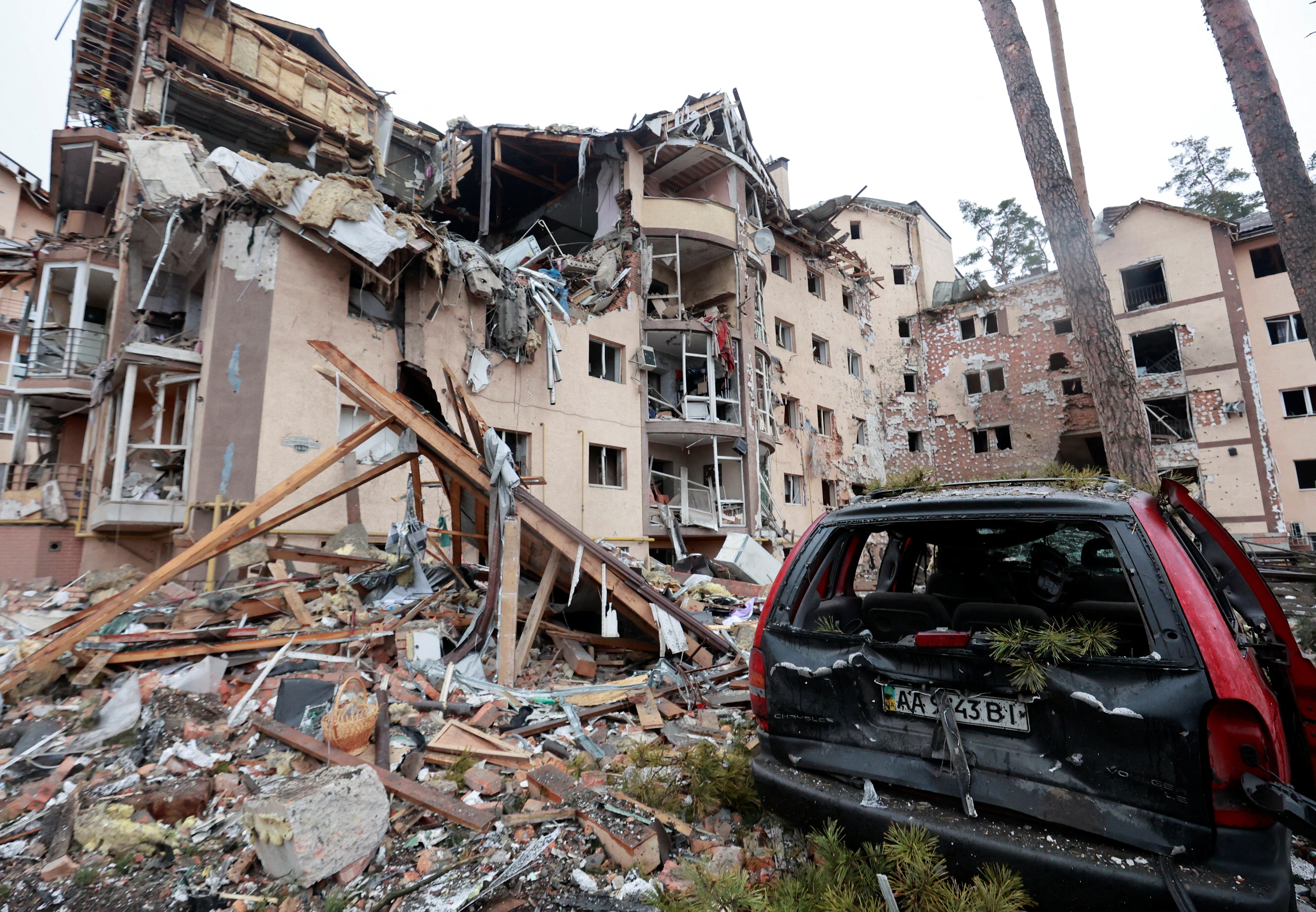 A residential building destroyed by recent shelling in the city of Irpin in the Kyiv region