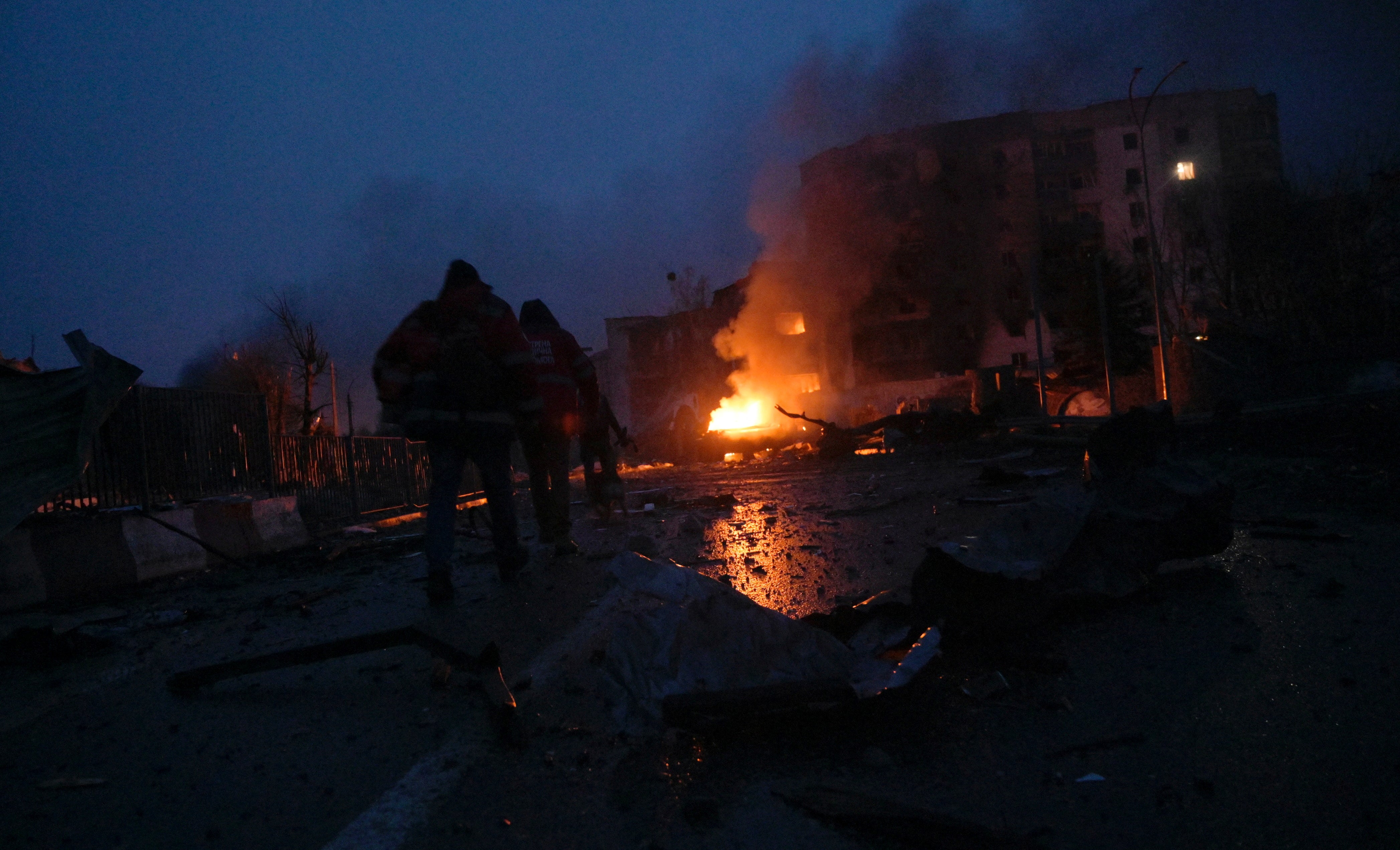 Paramedics in a residential area after recent shelling in Borodyanka, near Kyiv