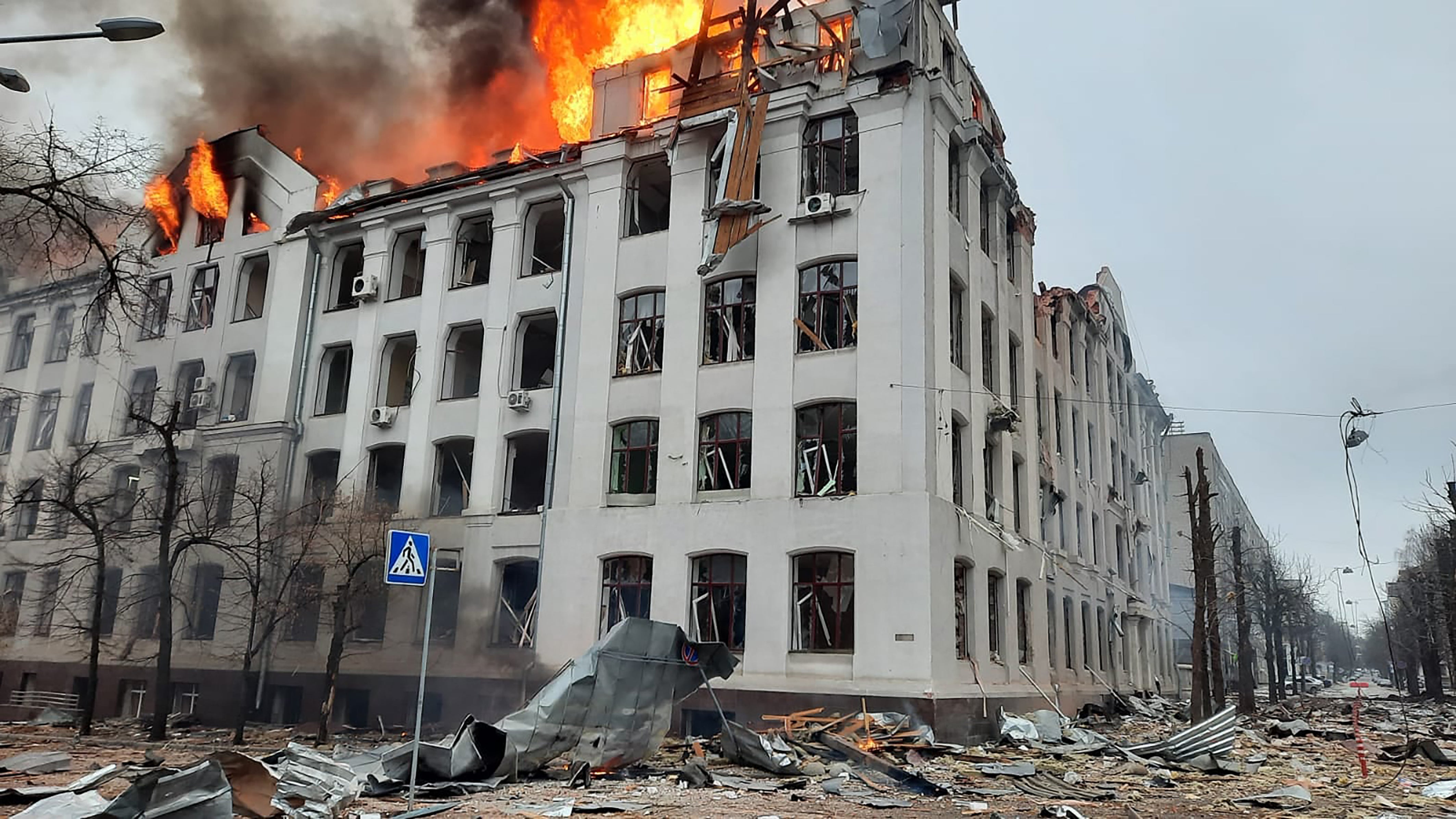 A university building in Ukraine’s second city of Kharkiv following a Russian rocket strike (State Emergency Service of Ukraine/PA)