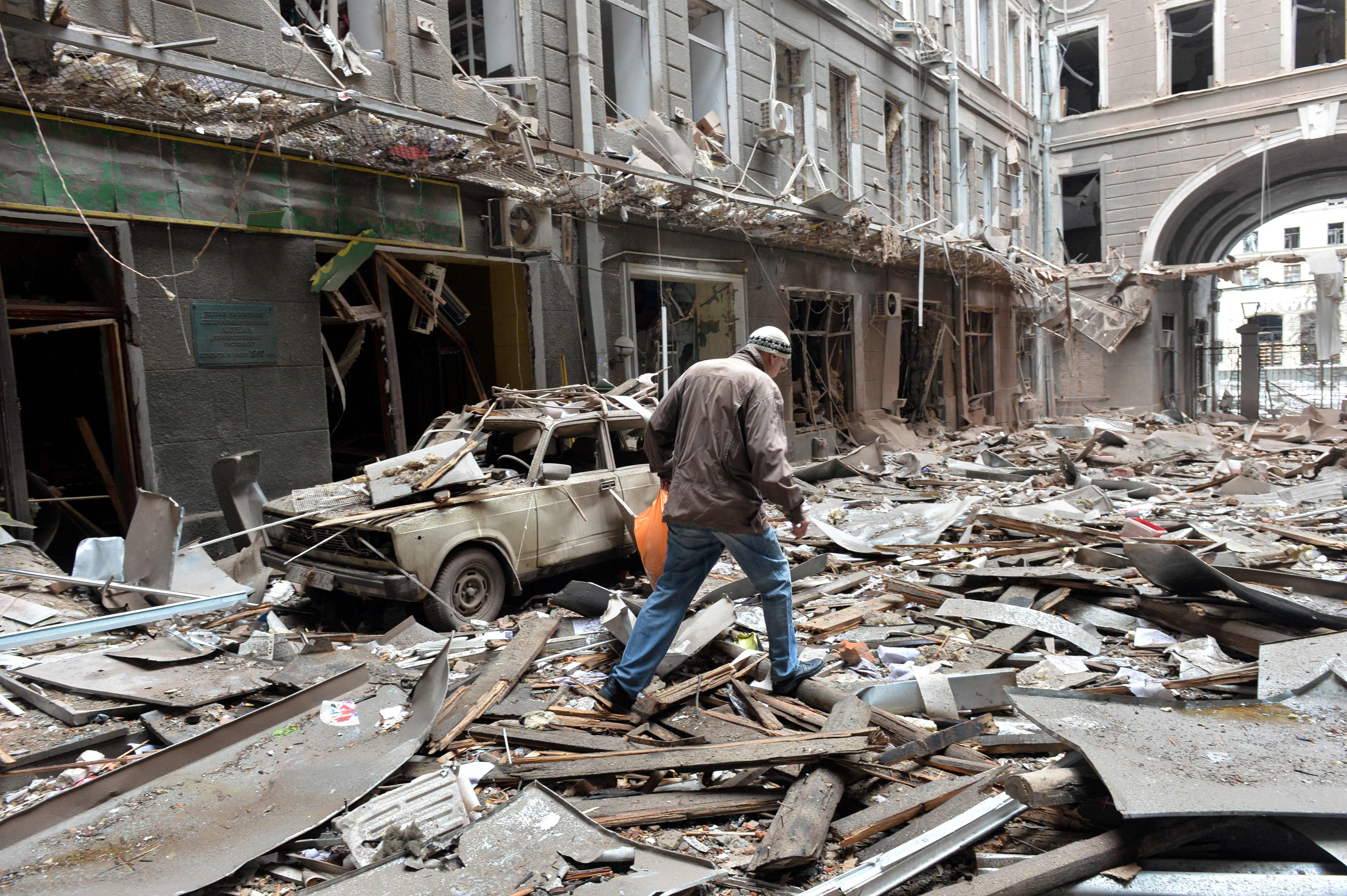 A view of damaged building after the shelling is said by Russian forces in Ukraine’s second-biggest city of Kharkiv