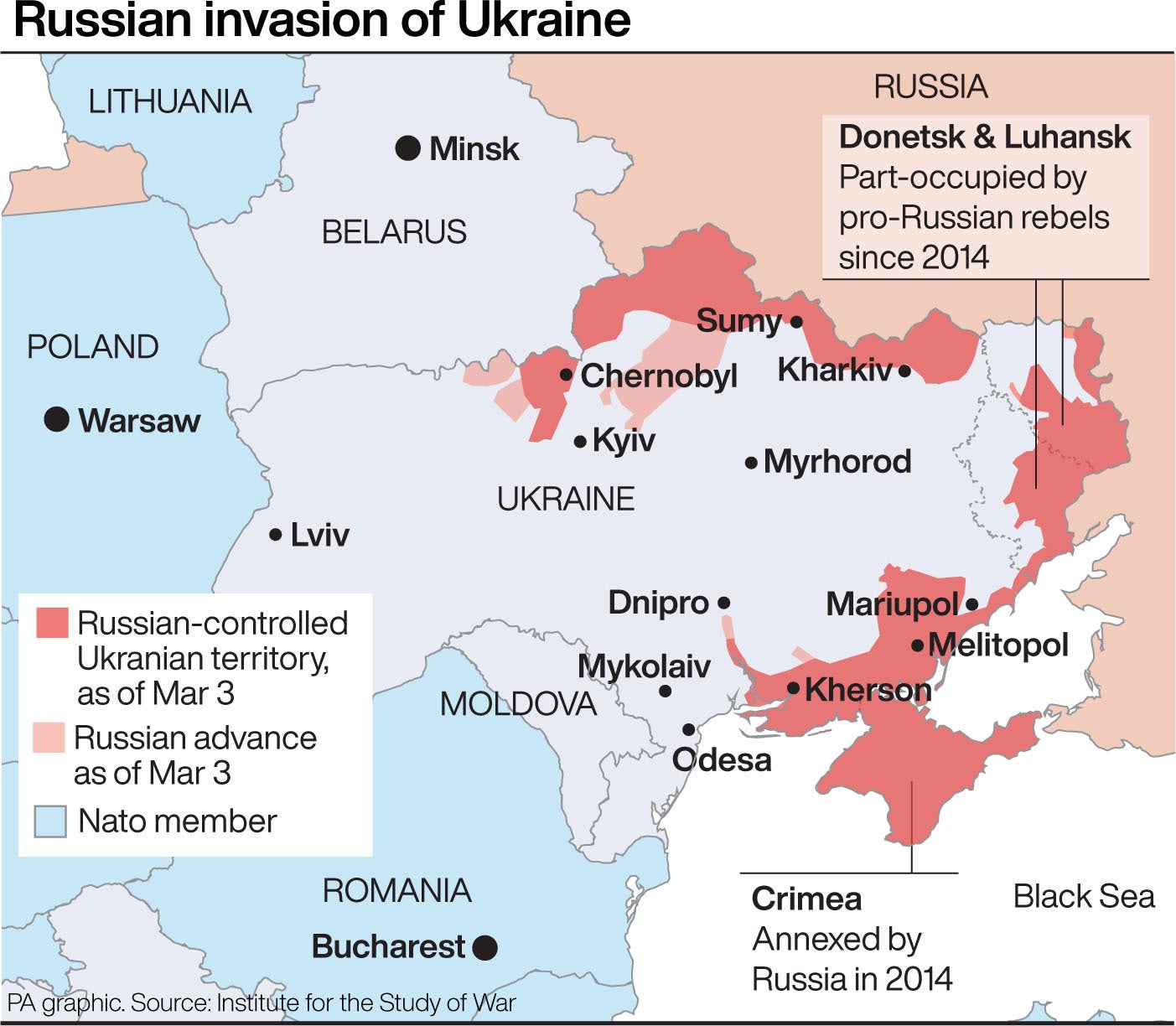 This map shows the extent of Russia’s invasion of Ukraine