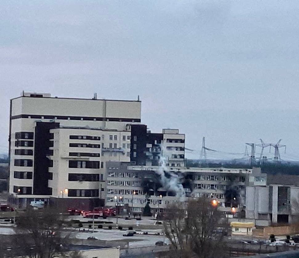 Damage seen to the administrative building of the Zaporizhzhia nuclear power plant on Friday