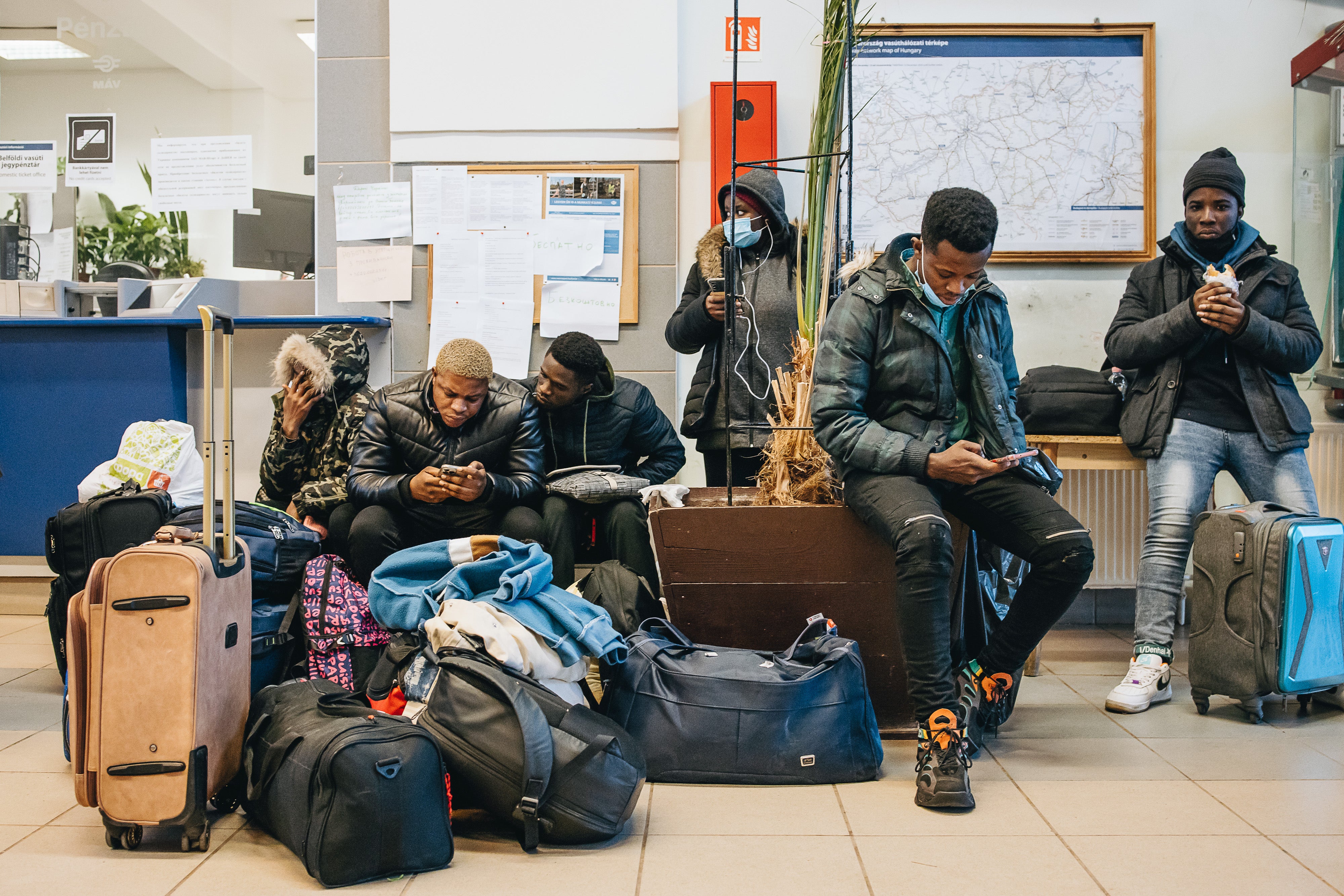 Refugees escaping Ukraine at the railway station in the Hungarian-Ukrainian border town of Zahony