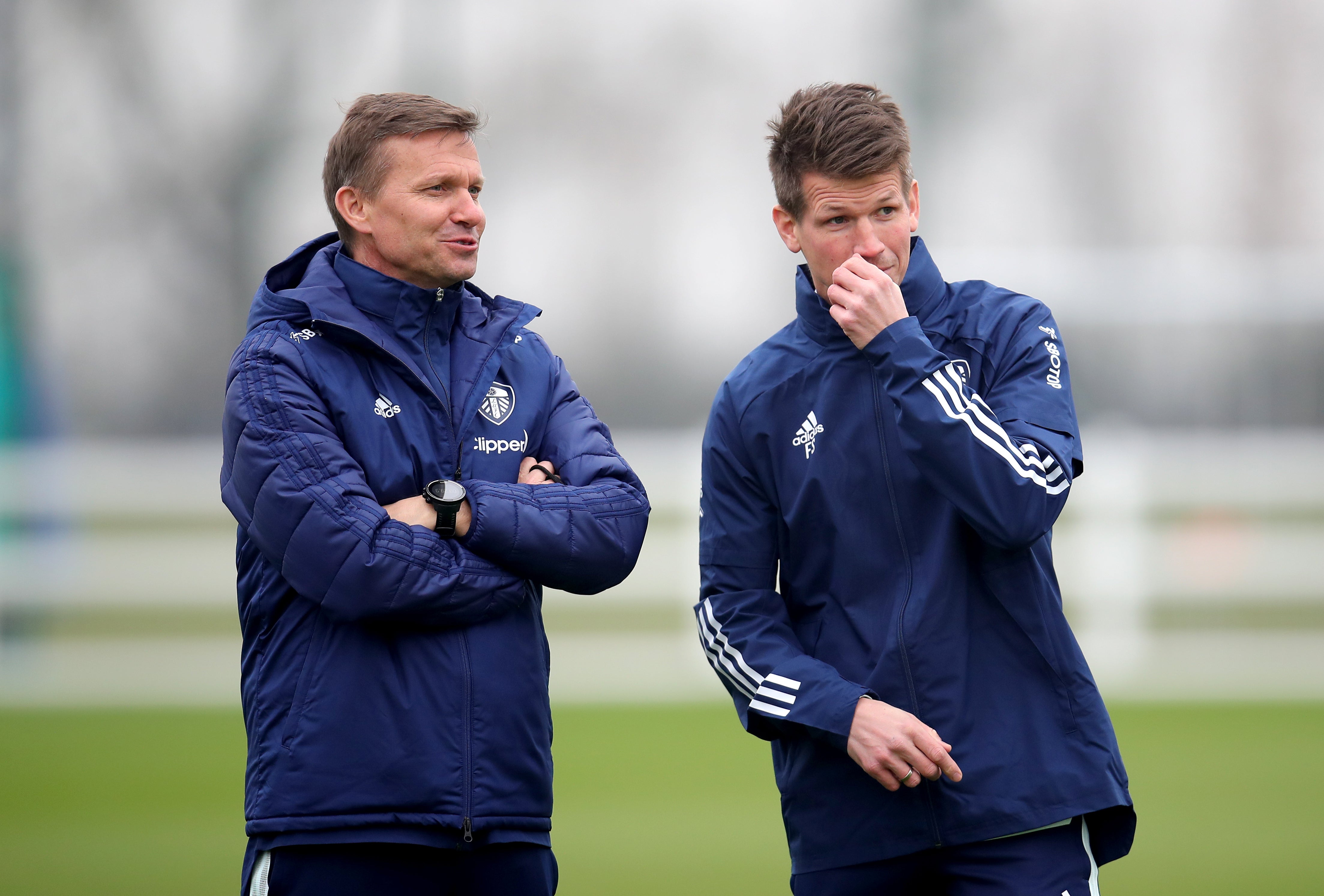 Jesse Marsch, left, and first-team coach Franz Schiemer prepare Leeds for their first game since Marcelo Bielsa was sacked (Simon Marper/PA)