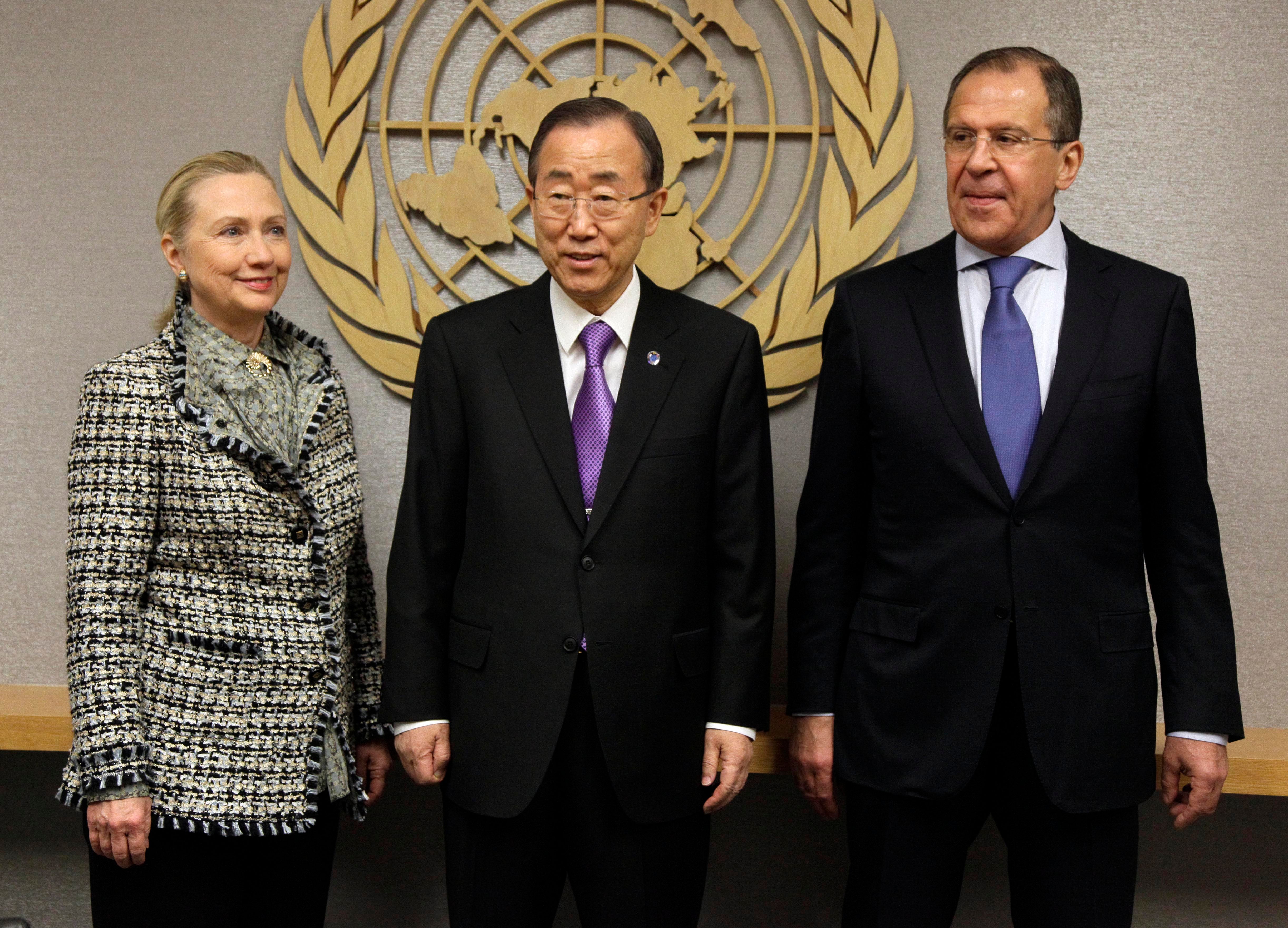 Lavrov with then US Secretary of State Hillary Clinton, and UN Secretary General Ban Ki-moon in 2012. The conflict in Syria was dominating public and private talks at the UN at the time.