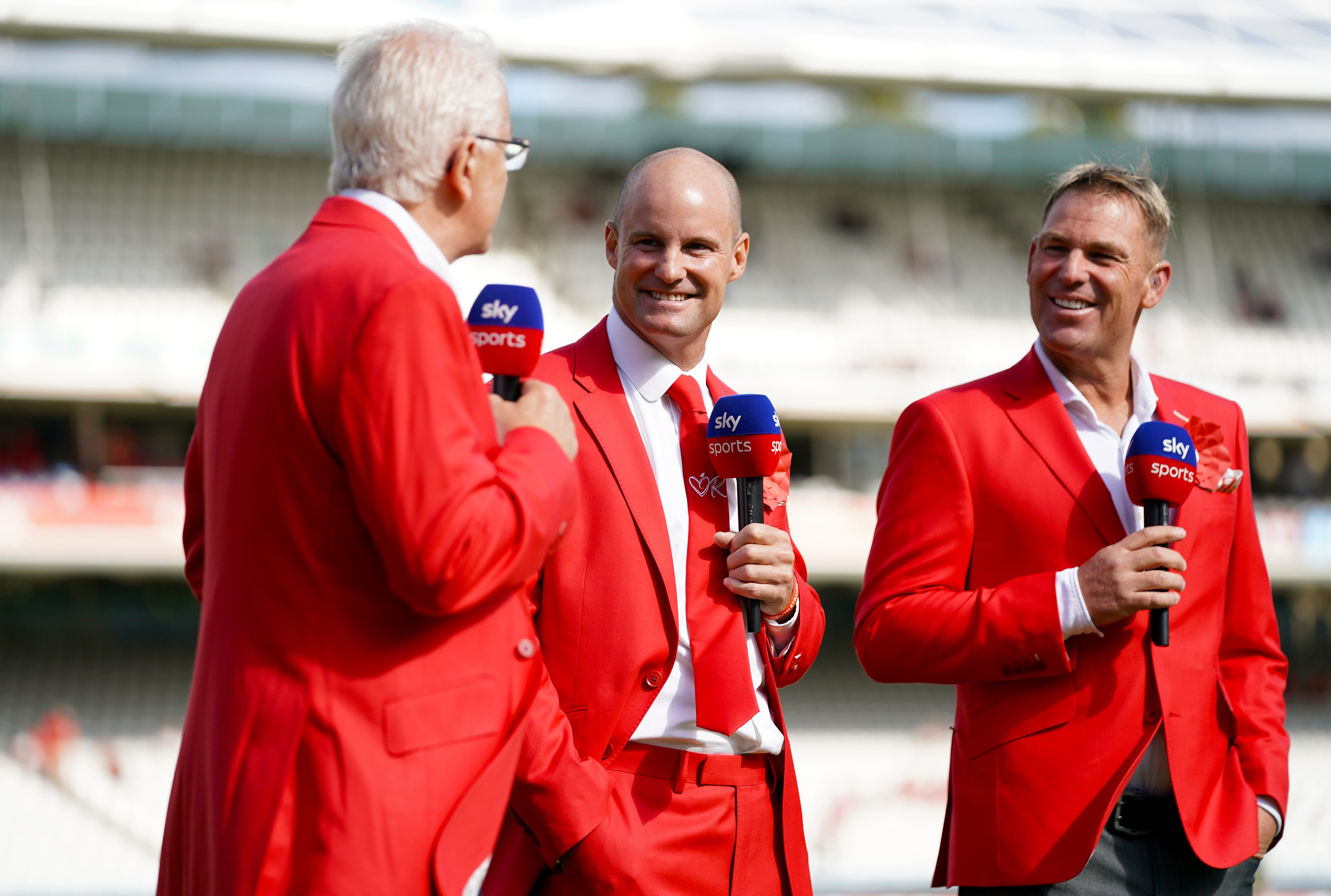 Warne, David Gower and Strauss wearing red for the Ruth Strauss Foundation during day two of the Ashes Test match at Lord’s in August 2019 (John Walton/PA)