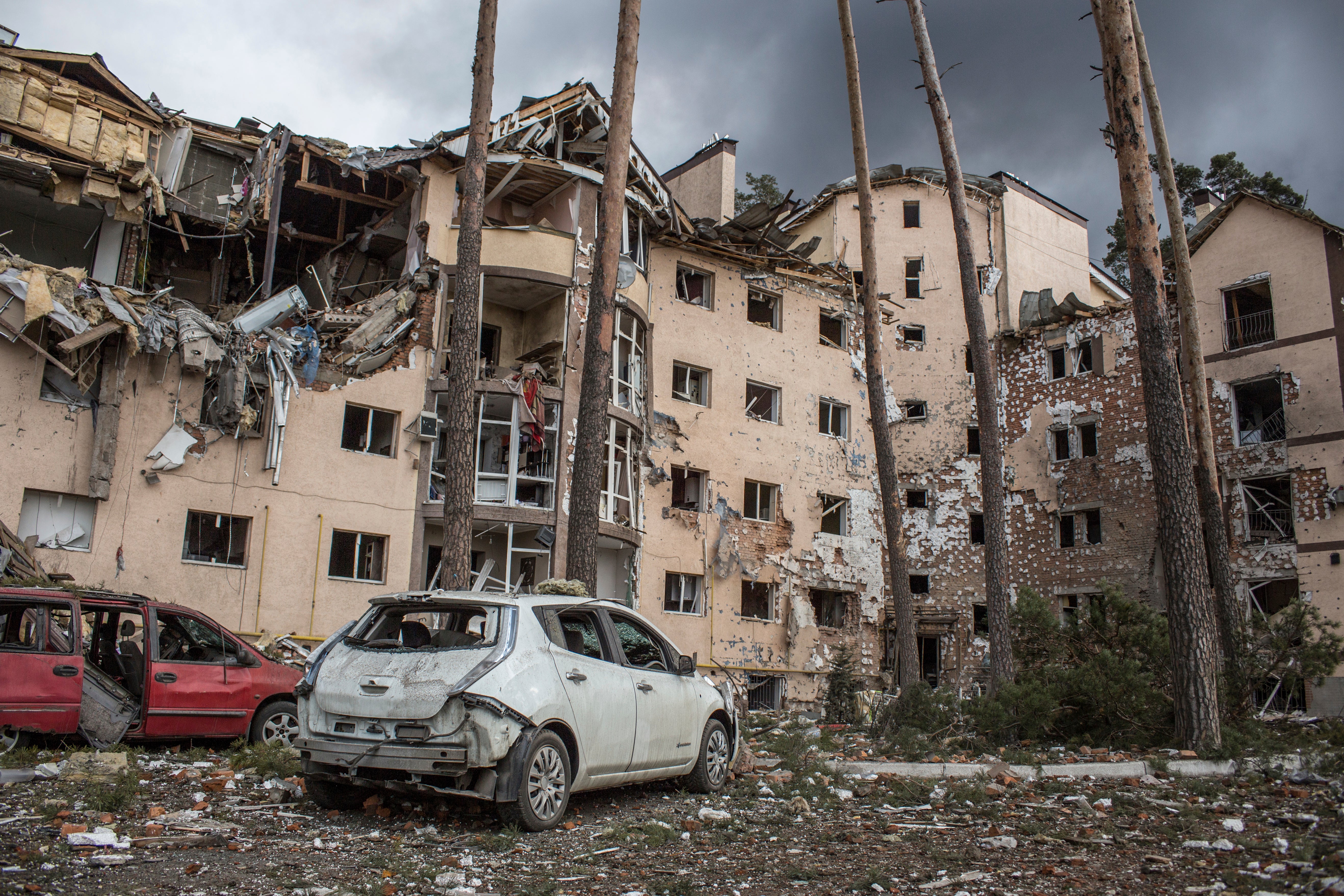 An apartment building damaged following a shelling on the town of Irpin, 26 kilometres west of Kyiv, Ukraine, Friday, March 4, 2022