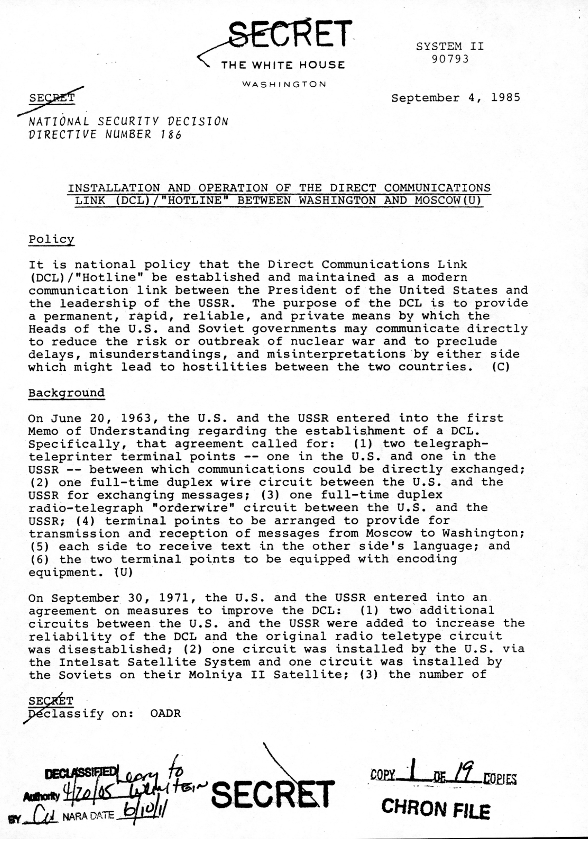 This declassified memorandum describes the US-Russia hotline that has been in place since 1962.