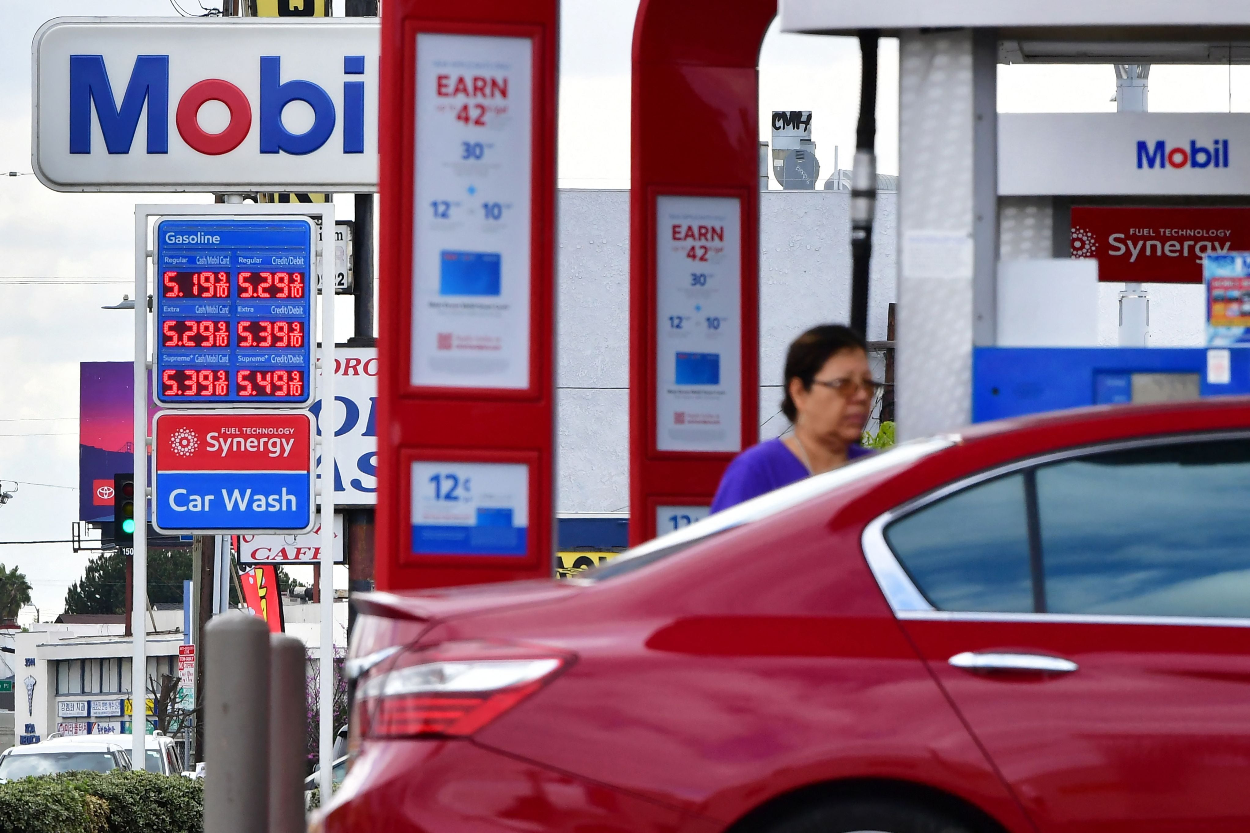 Gas prices over $5.00 a gallon are posted at a petrol station in Los Angeles, California on March 4, 2022.