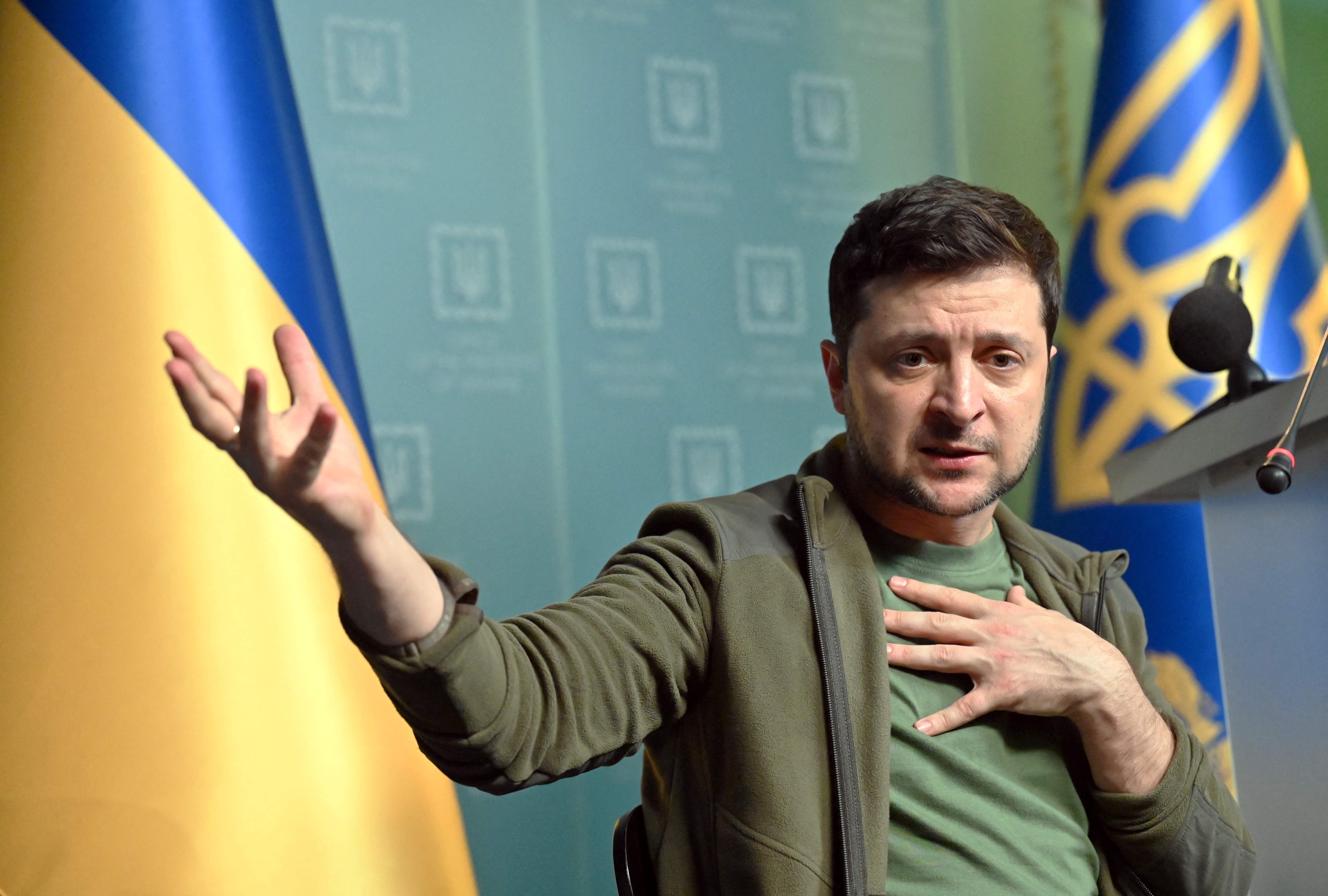 Ukrainian President Volodymyr Zelensky gestures as he speaks during a press conference in Kyiv, 3 March 2022