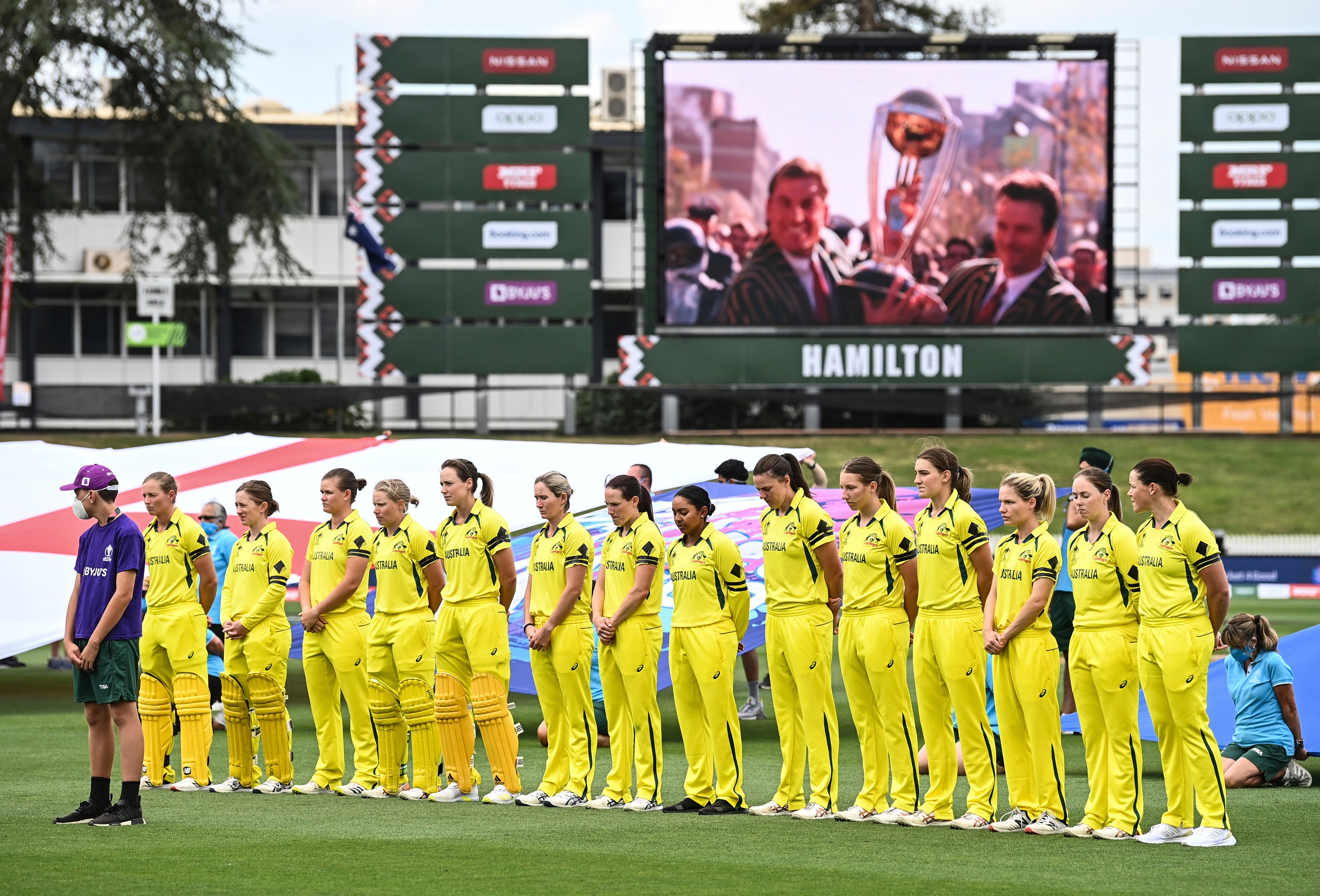 Australia held a minutes silence for Warne and Rod Marsh ahead of their World Cup clash with England (Andrew Cornaga/Photosport via AP)