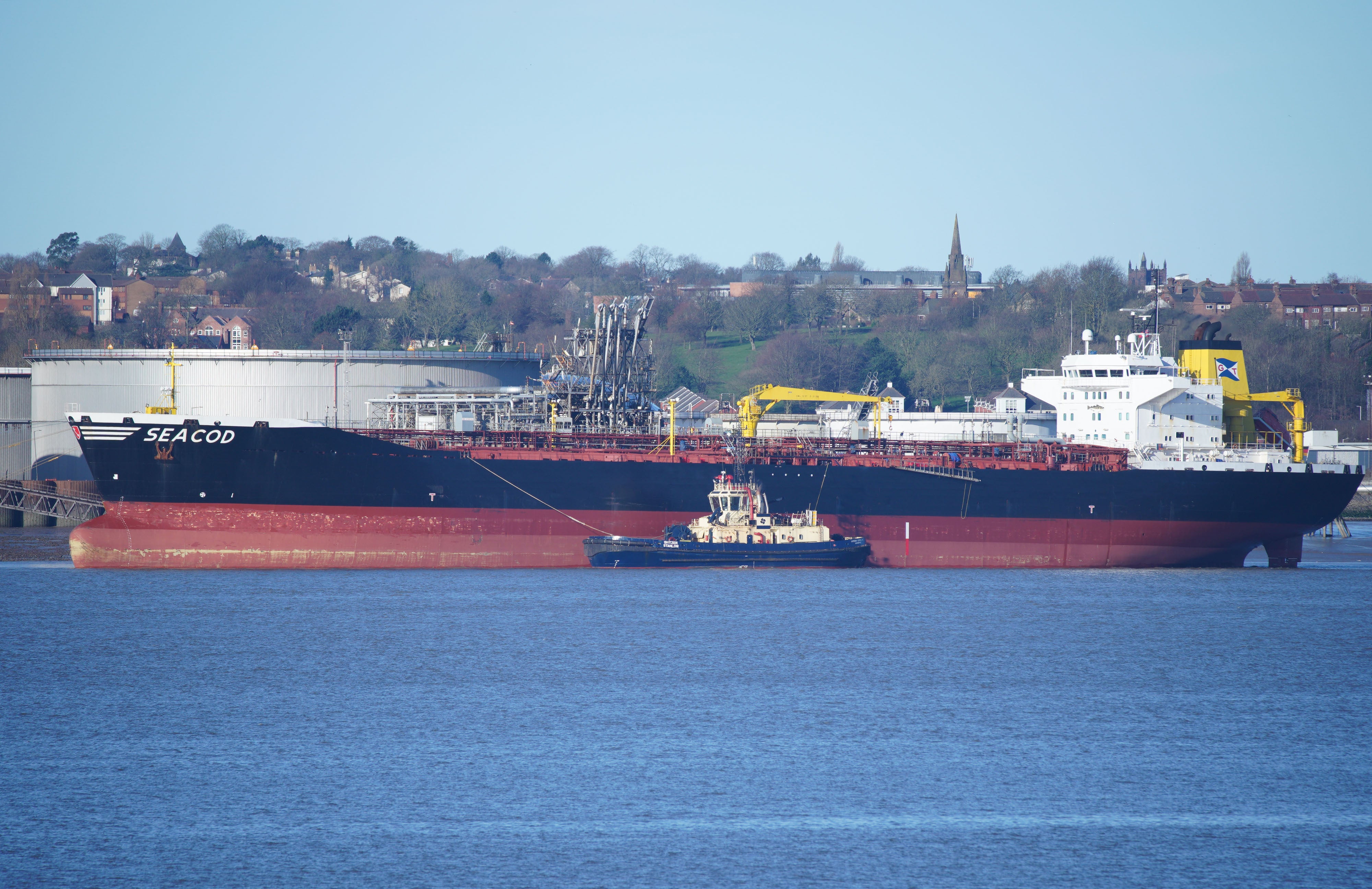 The German-flagged Seacod tanker of Russian oil is moored in the North West (Peter Byrne/PA)