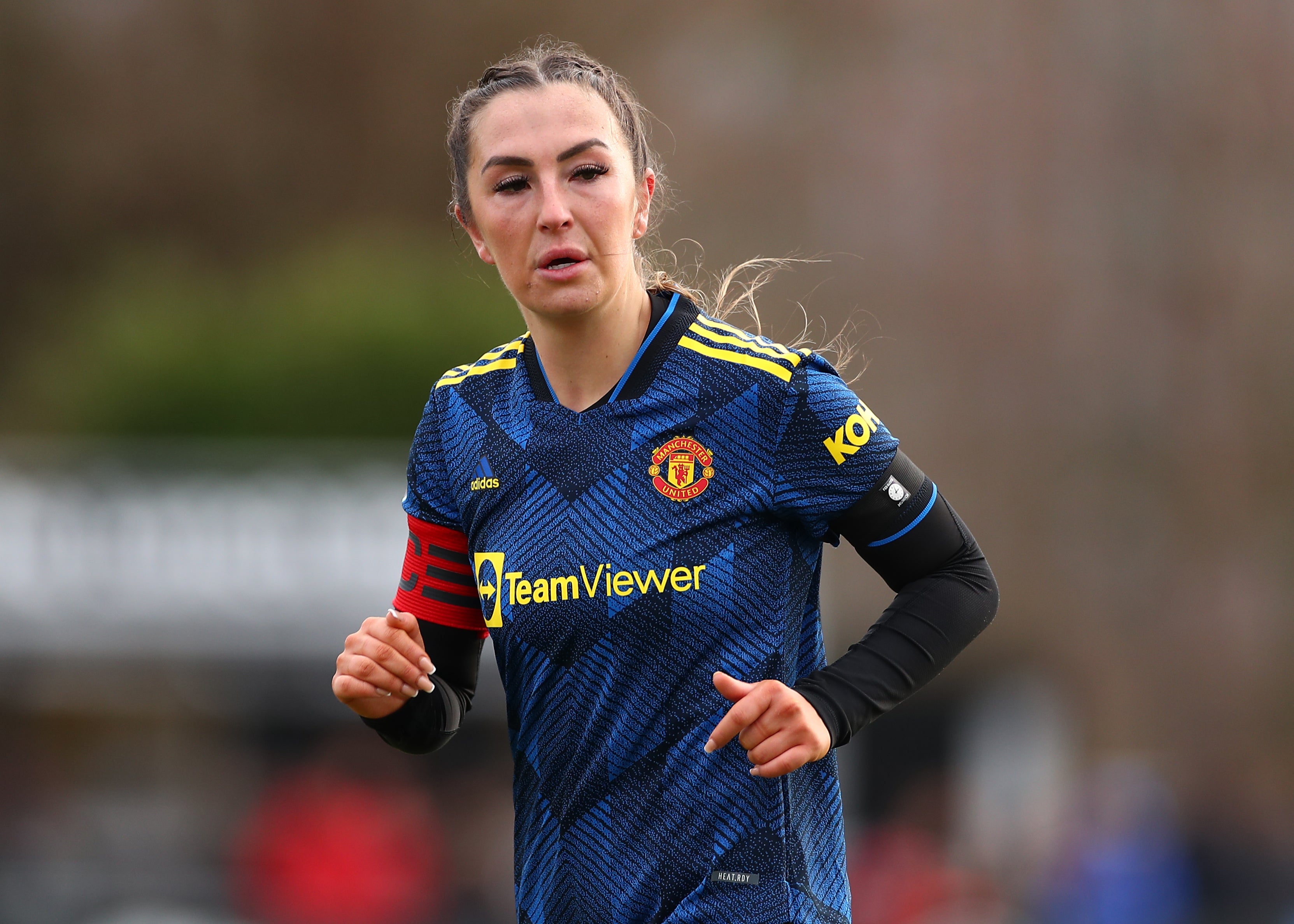 Manchester United’s Katie Zelem scored directly from a corner twice in her side’s 4-0 win over Leicester (Jacques Feeney/PA)