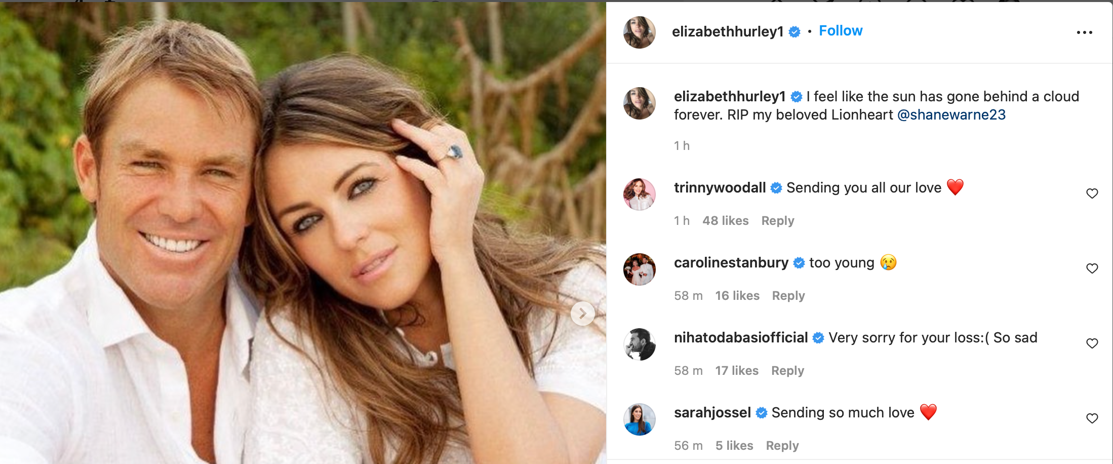 Elizabeth Hurley shared a tribute to Shane Warne