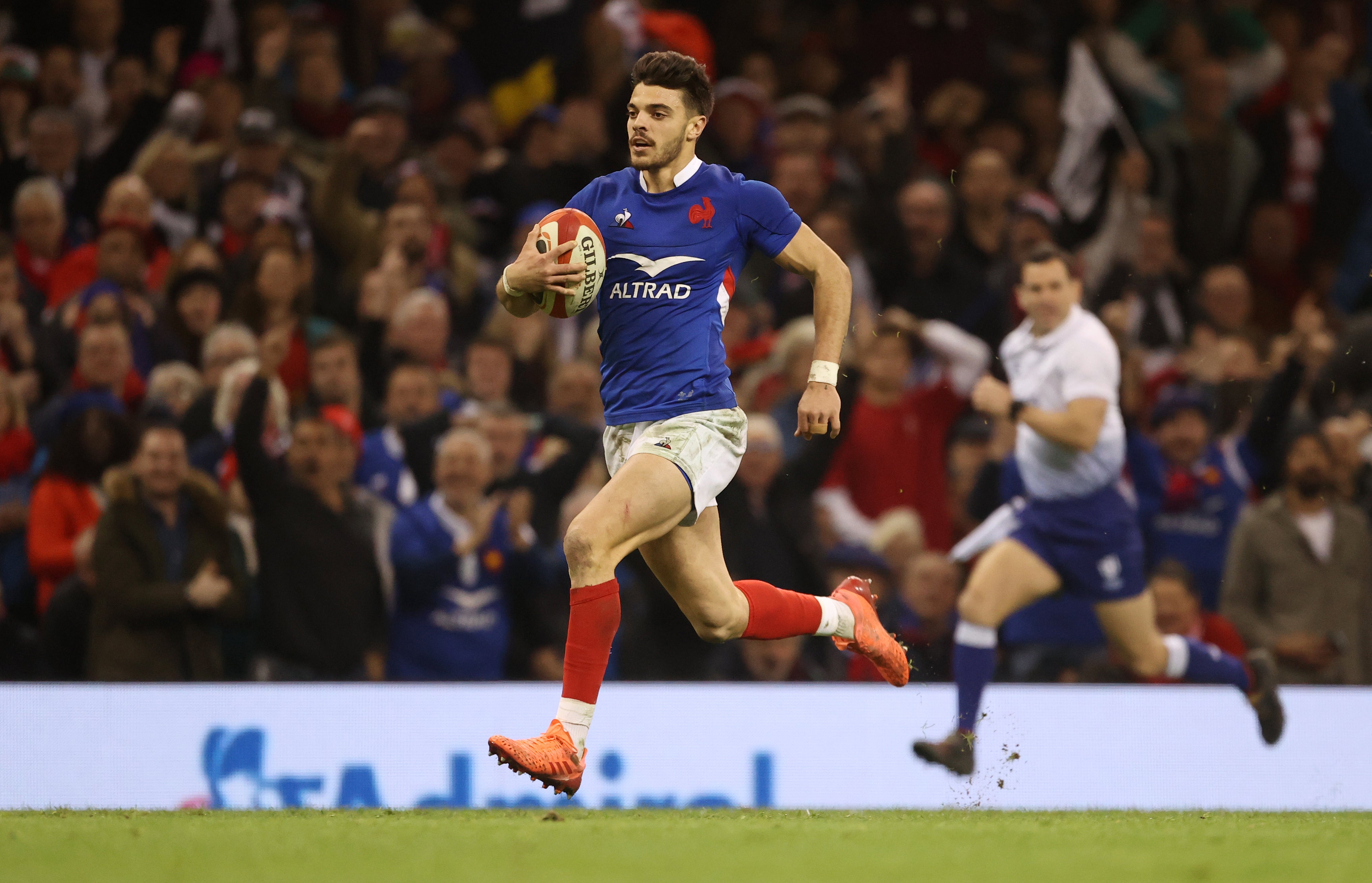 Romain Ntamack scores a try for France during their 2020 victory over Wales in Cardiff (David Davies/PA)