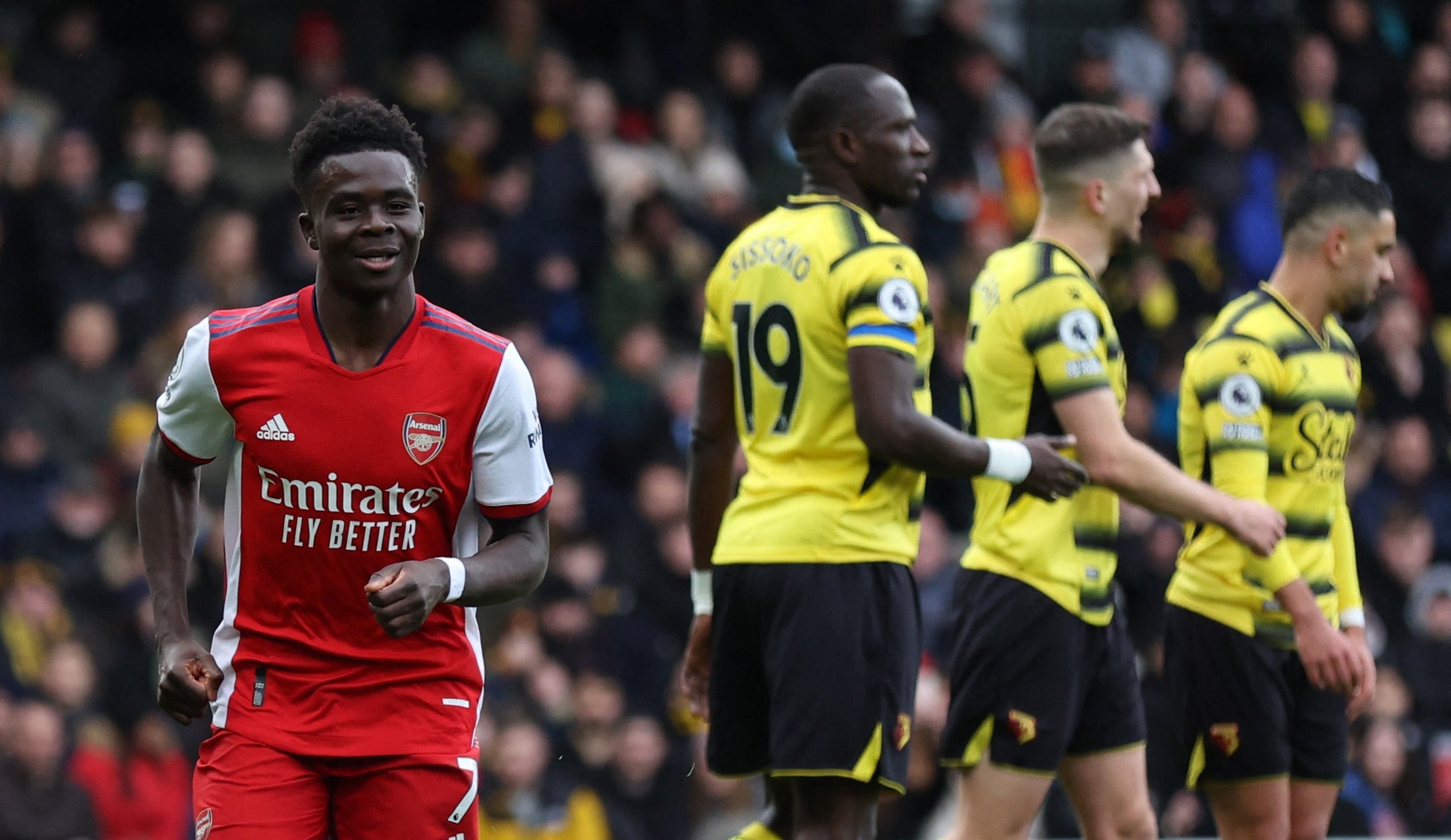 Arsenal's Bukayo Saka celebrates scoring