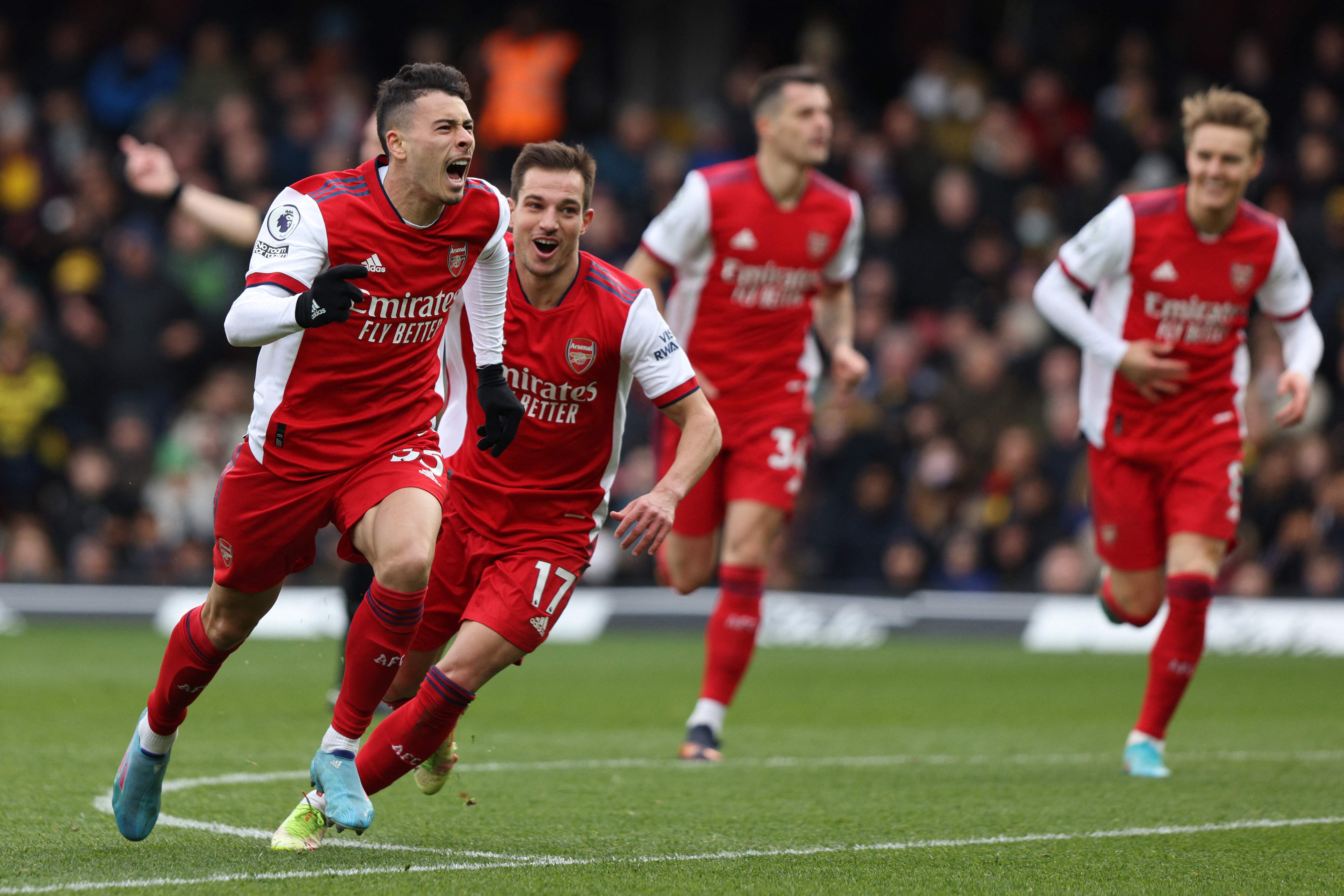 Arsenal striker Gabriel Martinelli celebrates after scoring