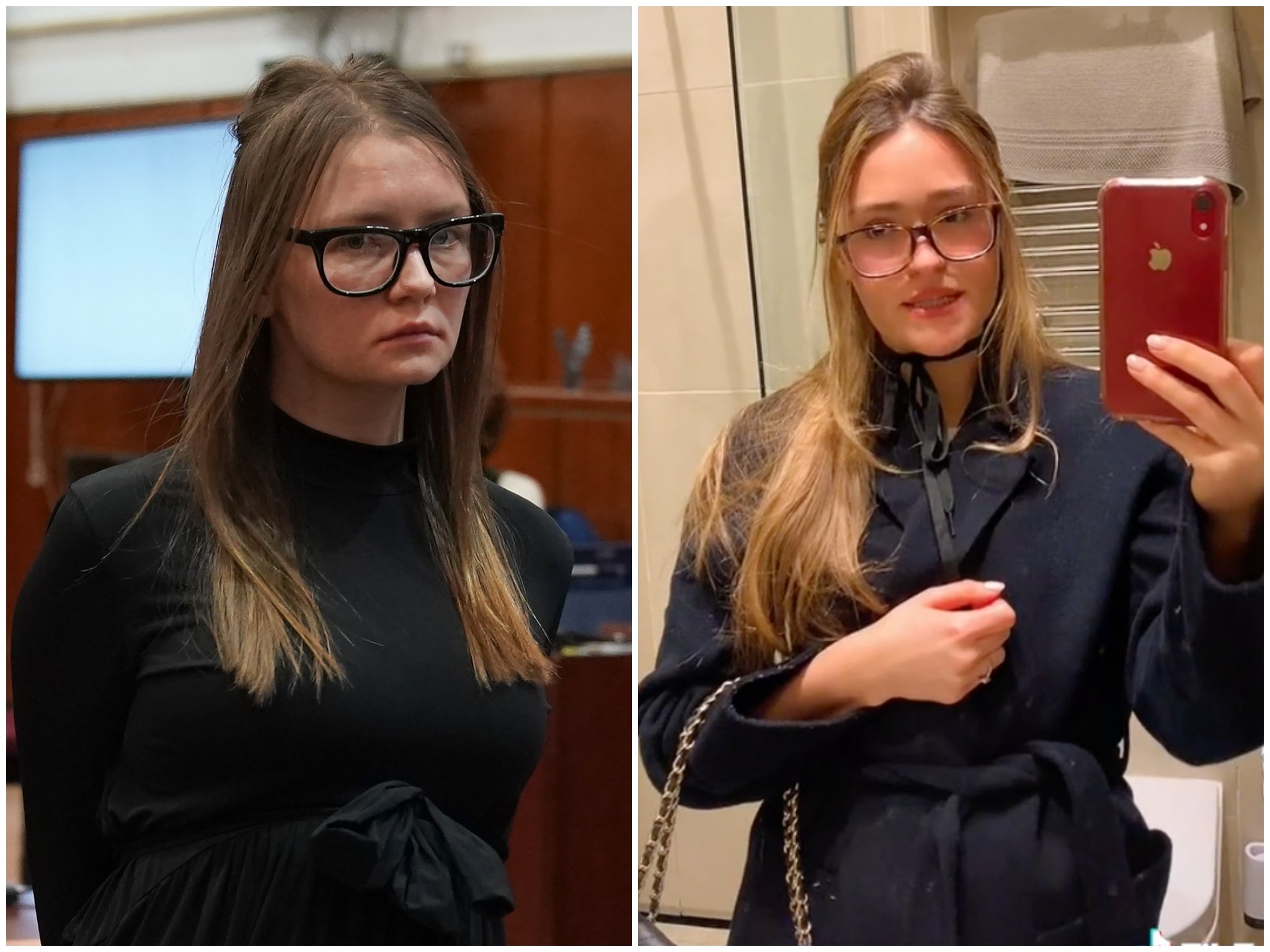 Anna Delvey (left) during her 2019 trial and TikTok user @jordaanjane (right)